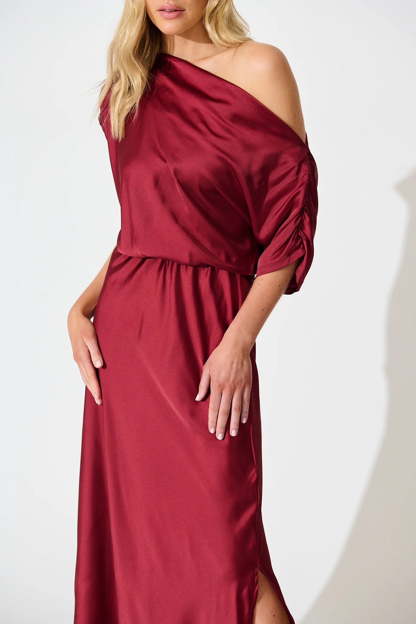 Sarita Maxi Off Shoulder Dress in Wine Satin - Image 7