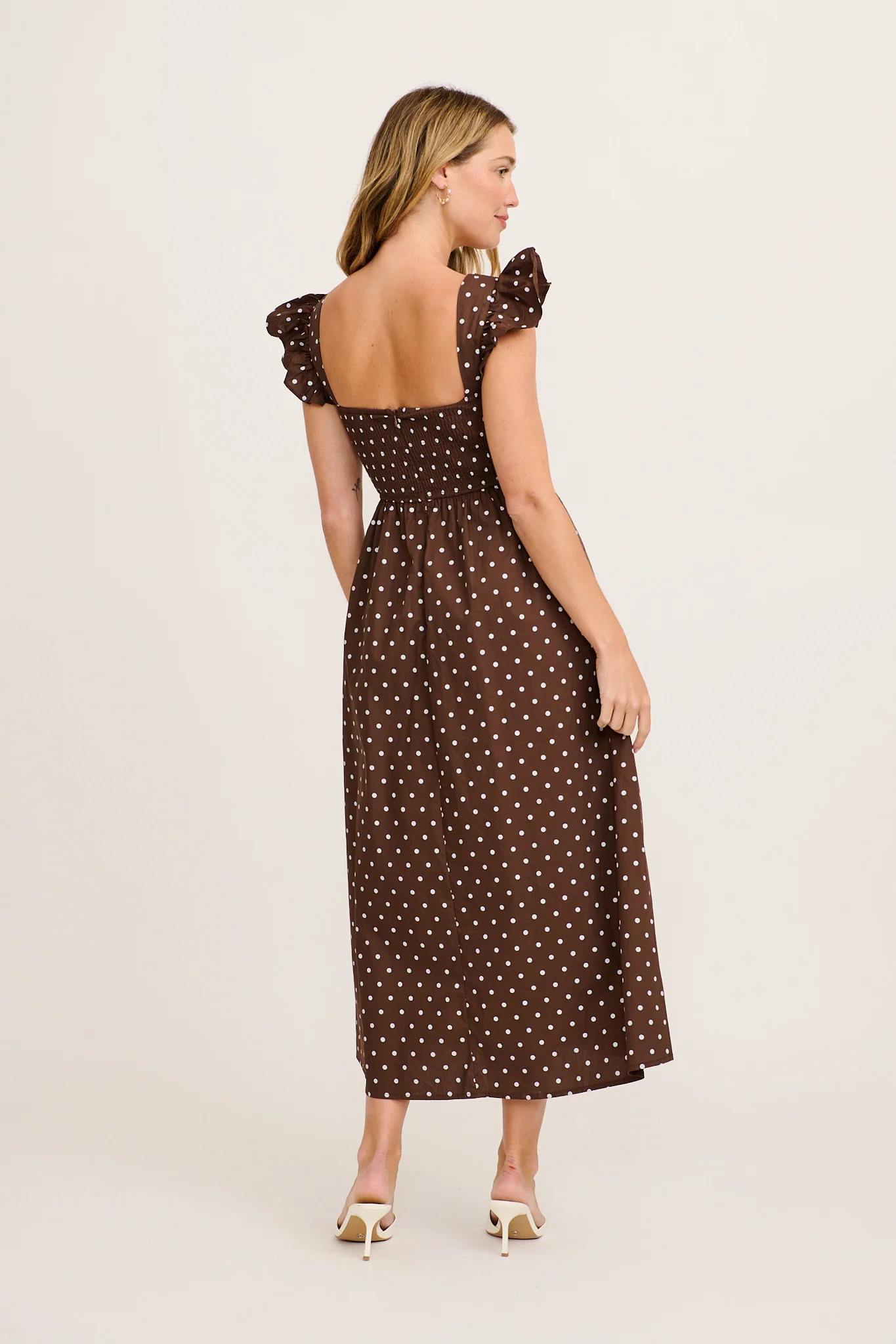 Sascha Maxi Dress in Chocolate with Cream Polka Dot Cotton - Image 4