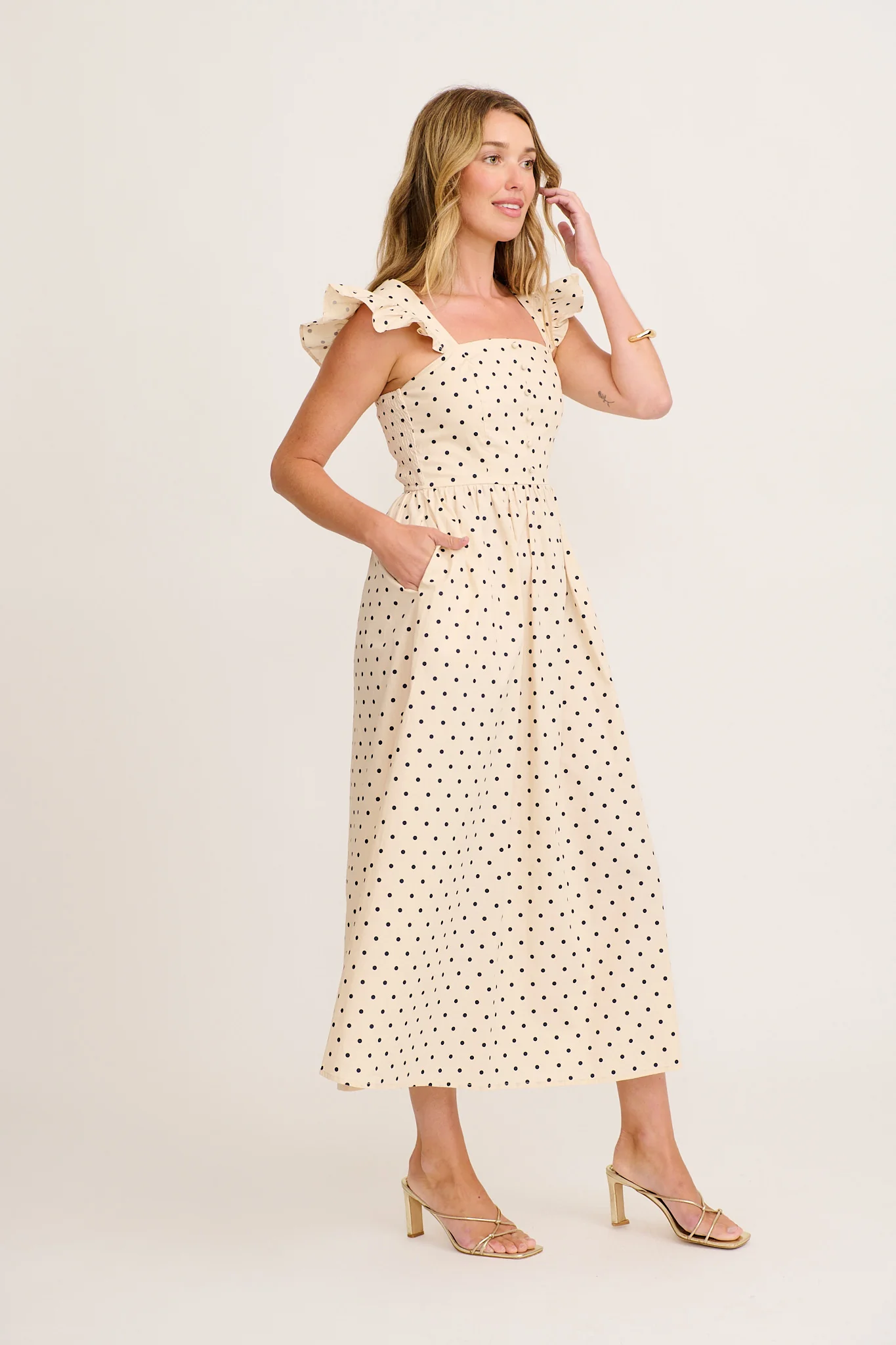 Sascha Maxi Dress in Cream with Black Polka Dot Cotton - Image 3