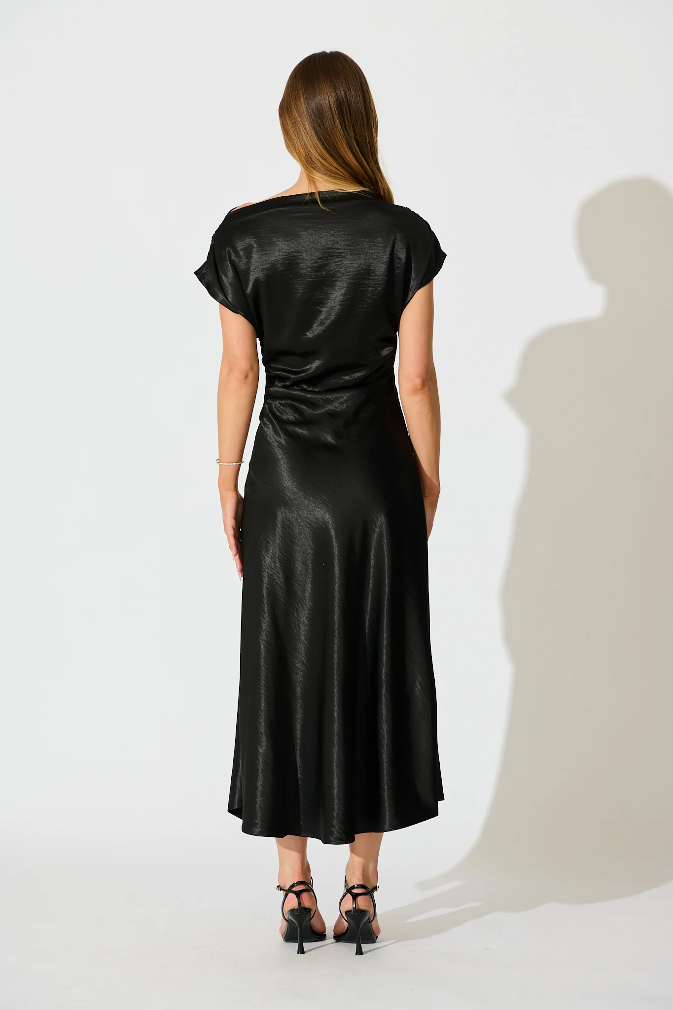 Satin Glow Off Shoulder Maxi Dress in Black Satin - Image 4