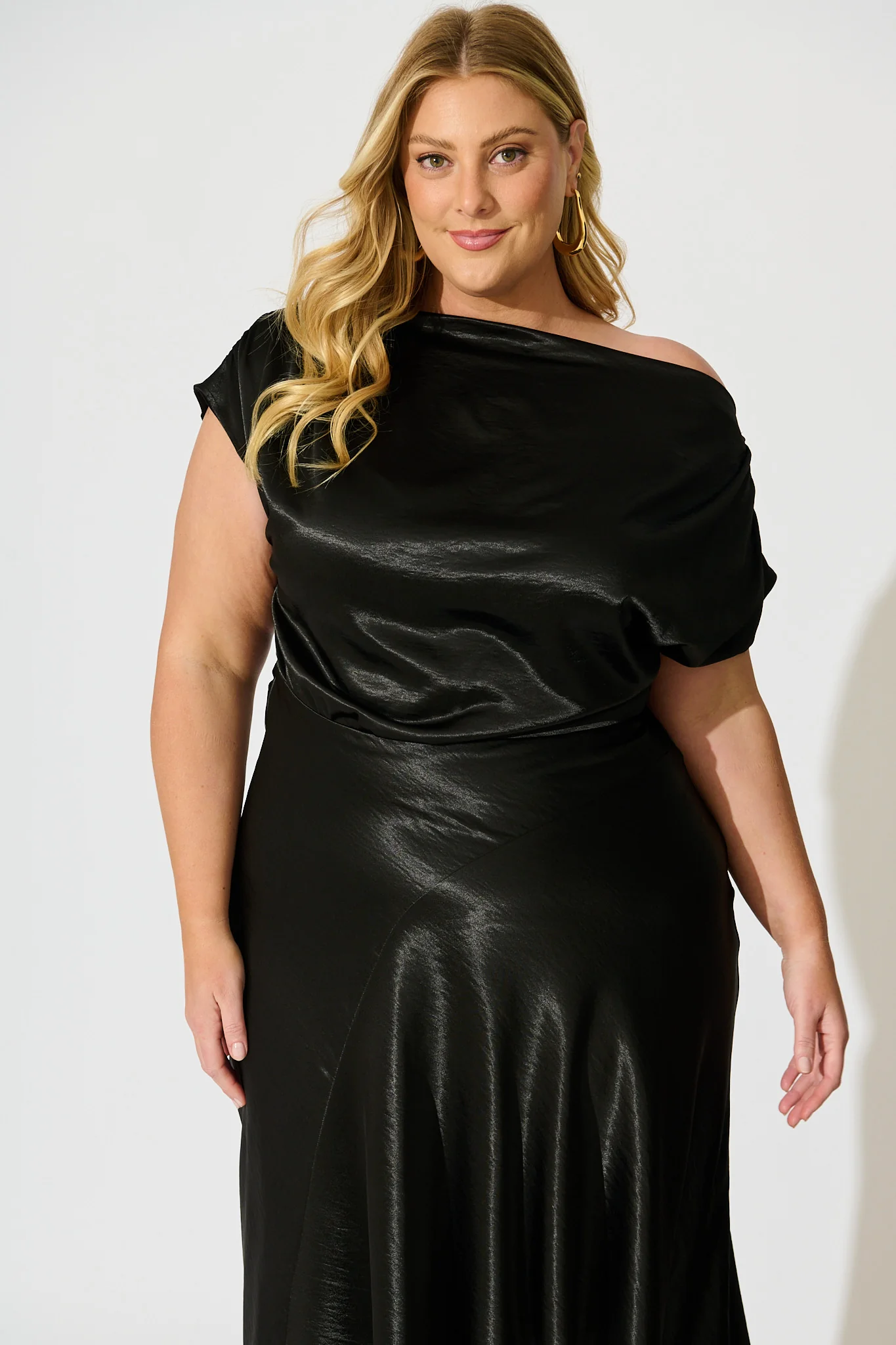 Satin Glow Off Shoulder Maxi Dress in Black Satin - Image 6