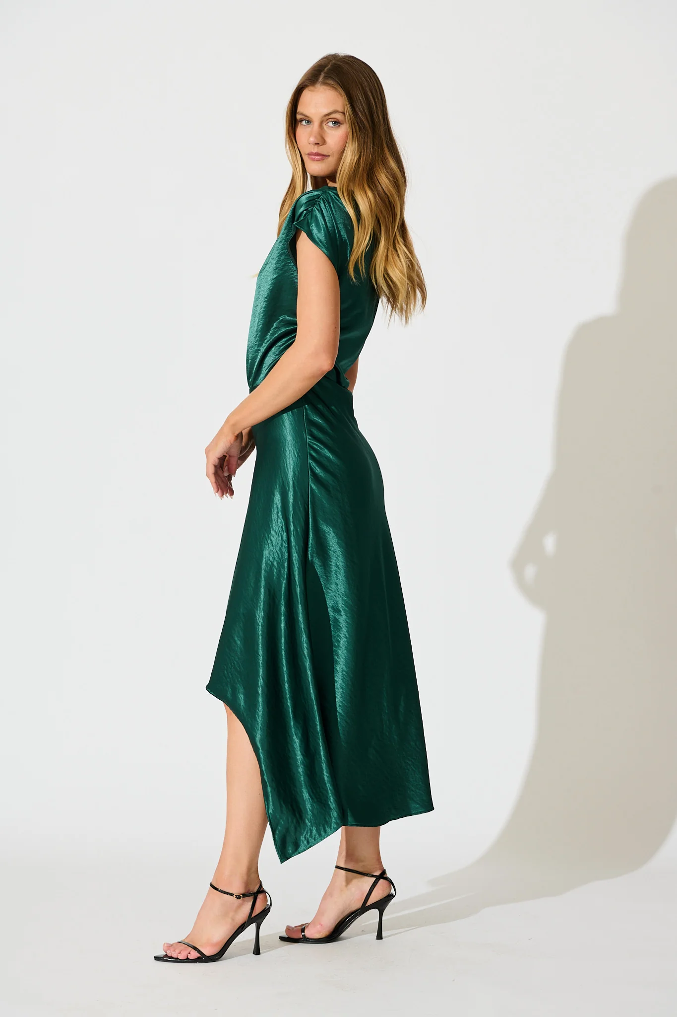 Satin Glow Off Shoulder Maxi Dress in Emerald Satin - Image 3