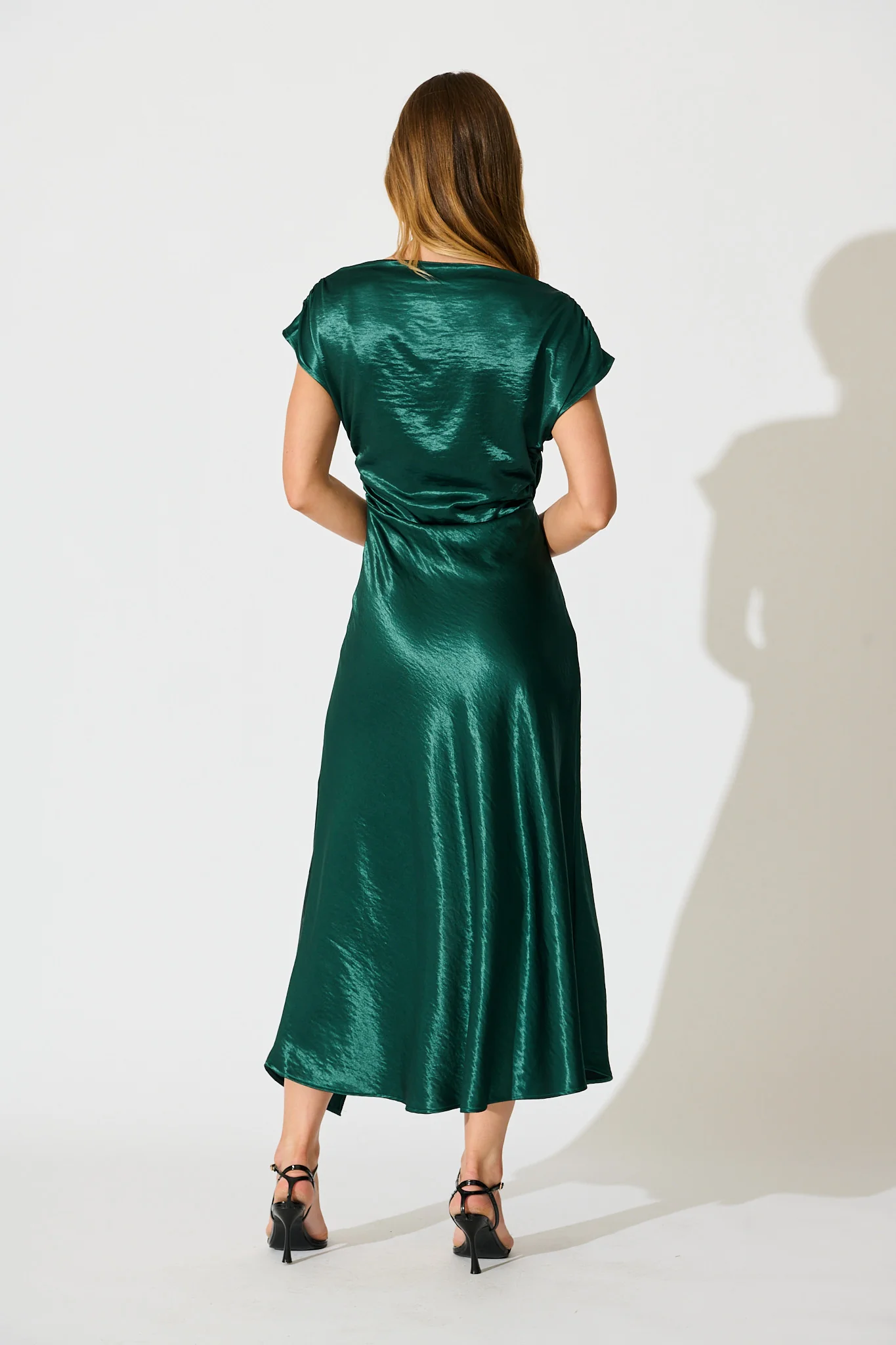 Satin Glow Off Shoulder Maxi Dress in Emerald Satin - Image 4