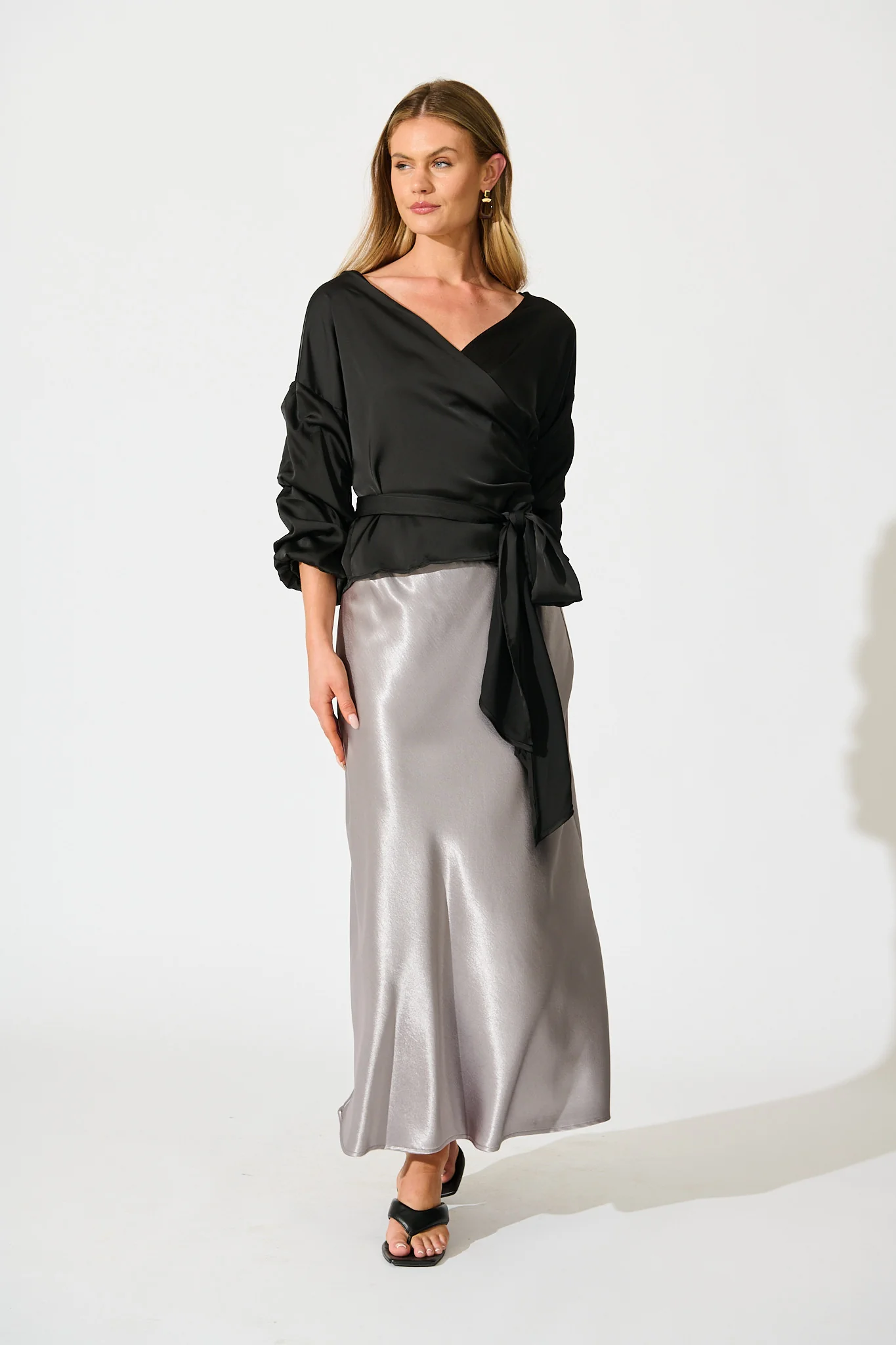Satin Luxe Wrap Top in Black - Image 4