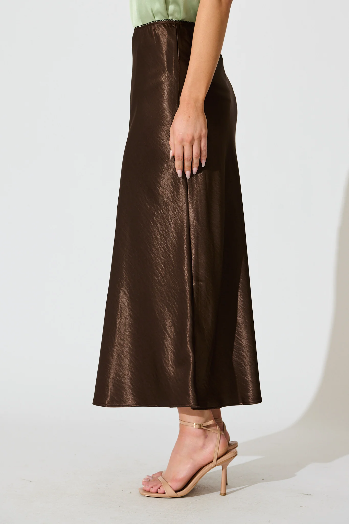Satin Poise Midi Skirt in Chocolate - Image 2