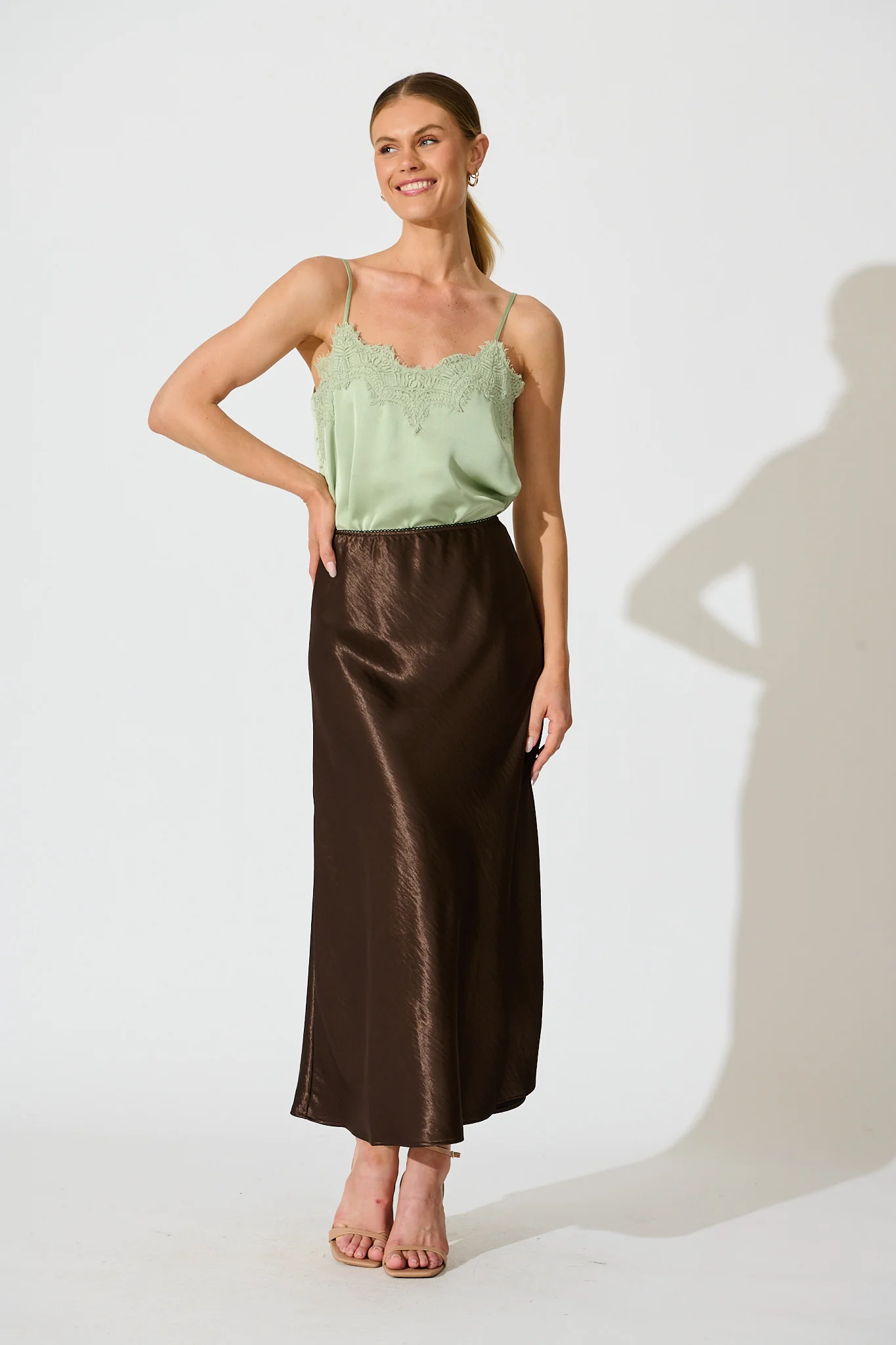 Satin Poise Midi Skirt in Chocolate - Image 4