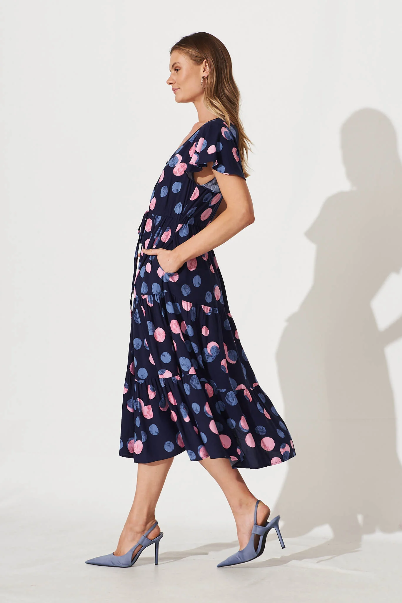 Saturday Midi Dress In Navy With Pink And Blue Spot - Image 3