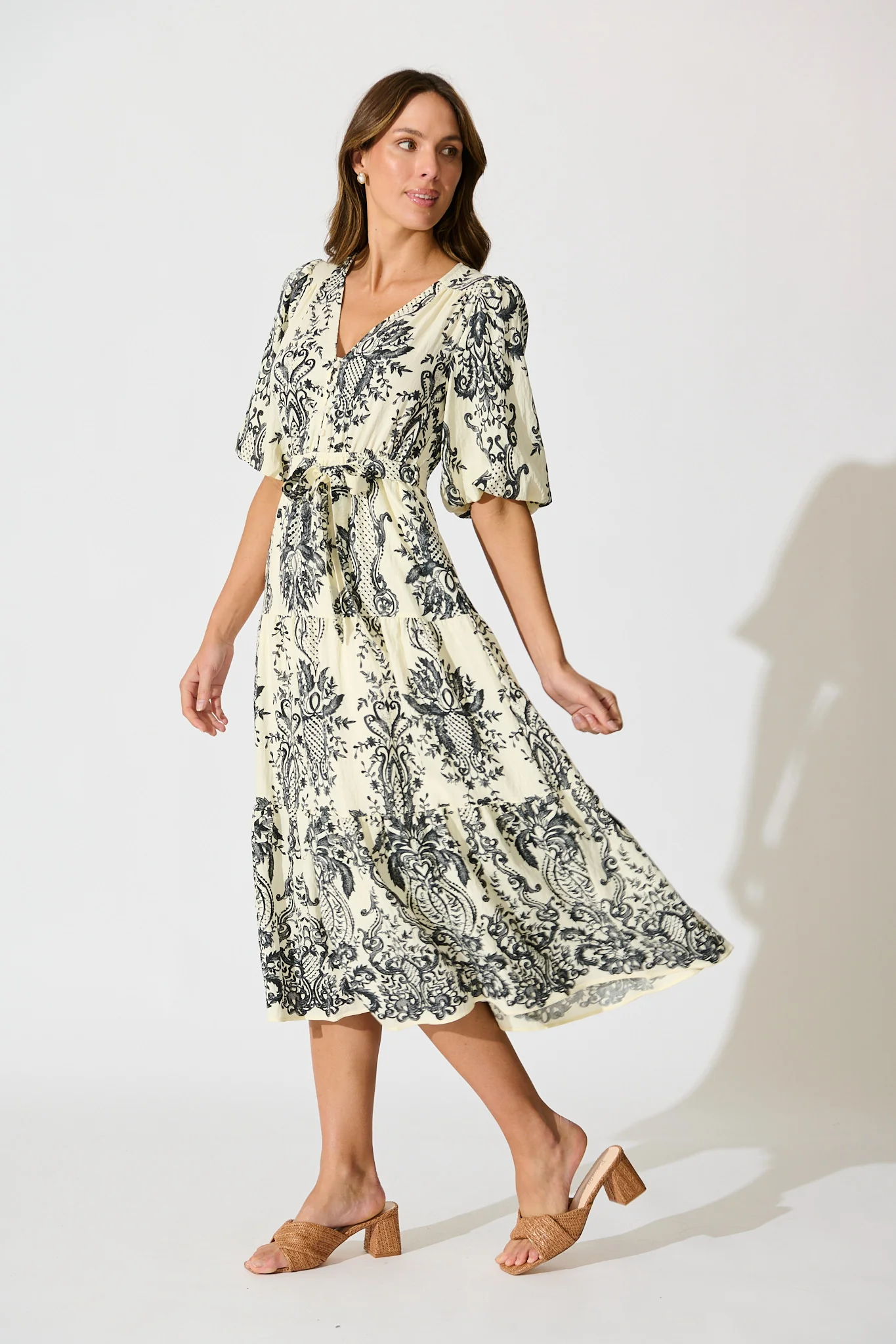 Savannah Song Midi Dress in White with Black Boho Print - Image 3