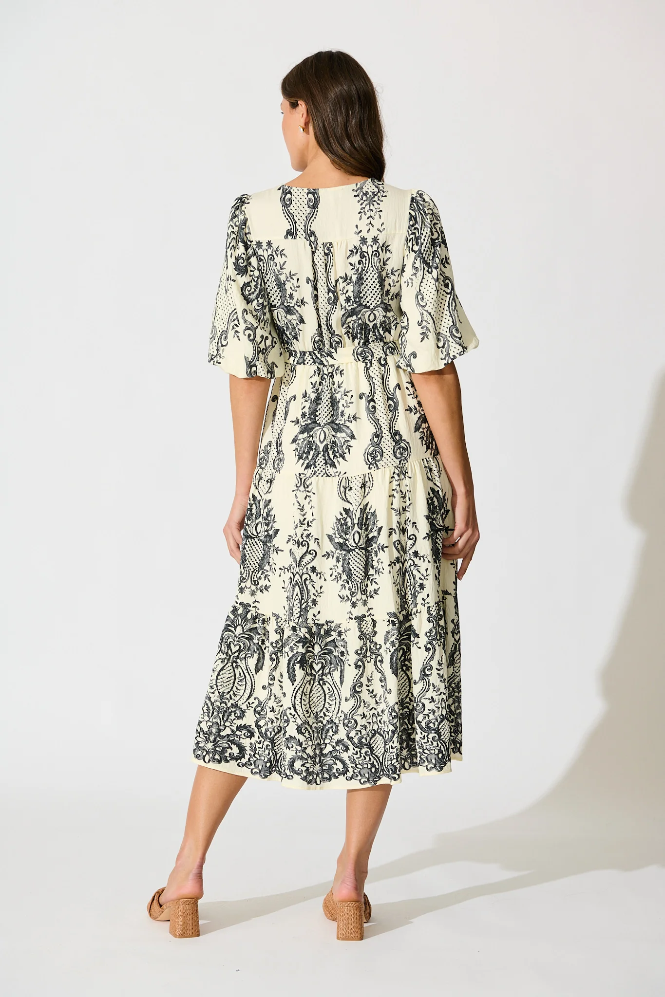 Savannah Song Midi Dress in White with Black Boho Print - Image 4