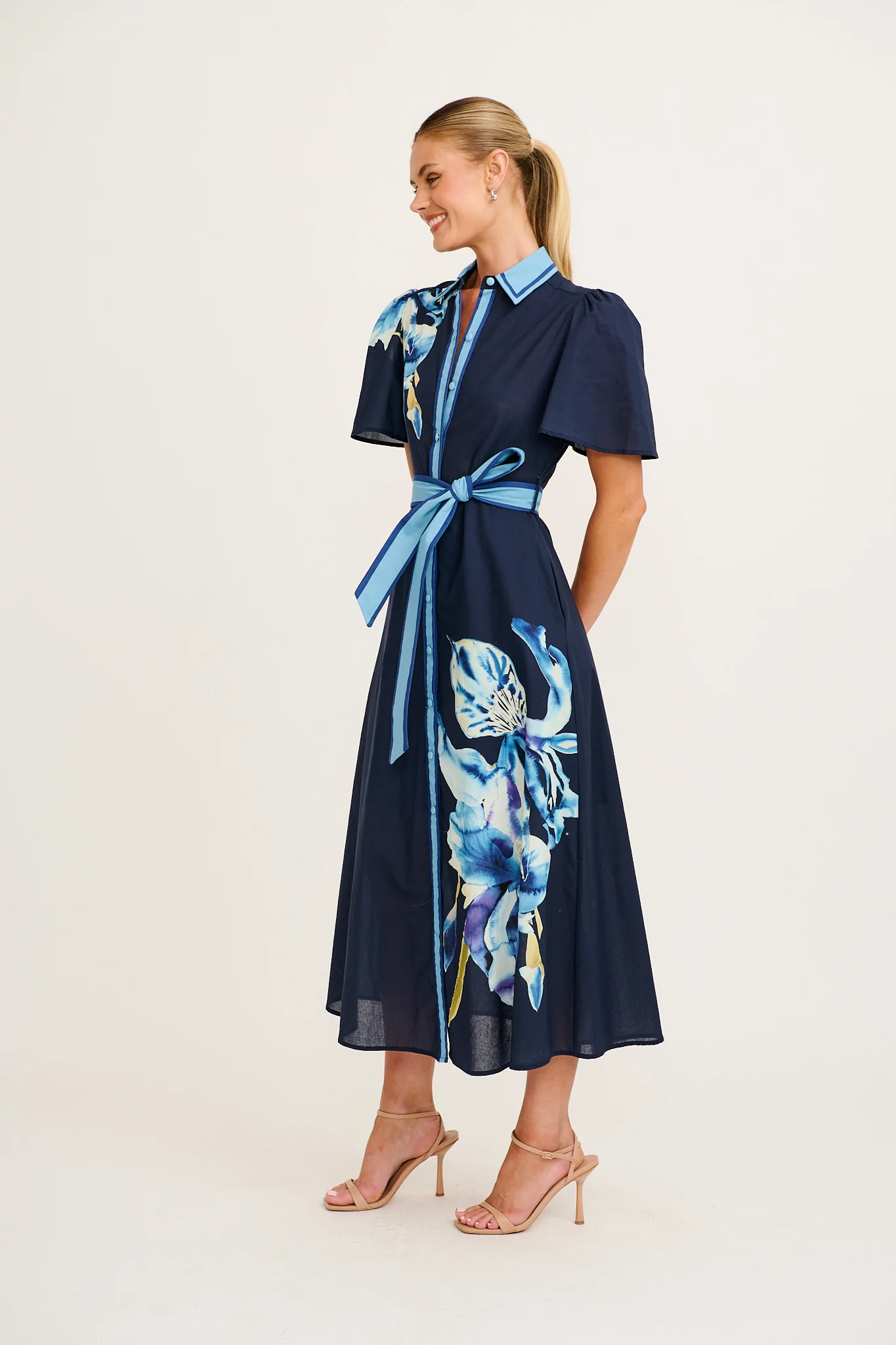 Scenic Dreams Maxi Shirt Dress in Navy with Blue Floral Cotton - Image 3