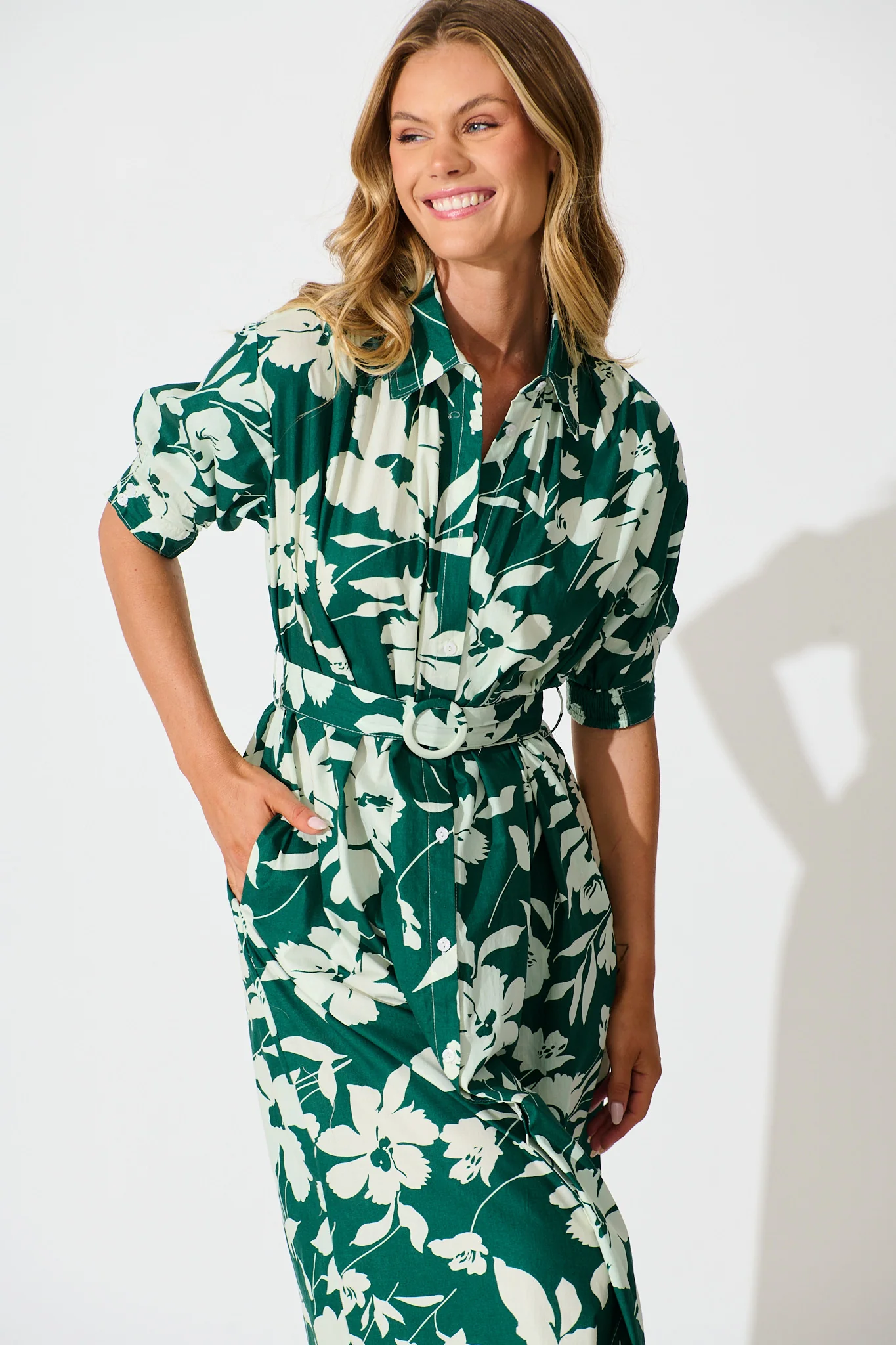 Scottdale Midi Shirt Dress in Emerald Print Cotton - Image 2