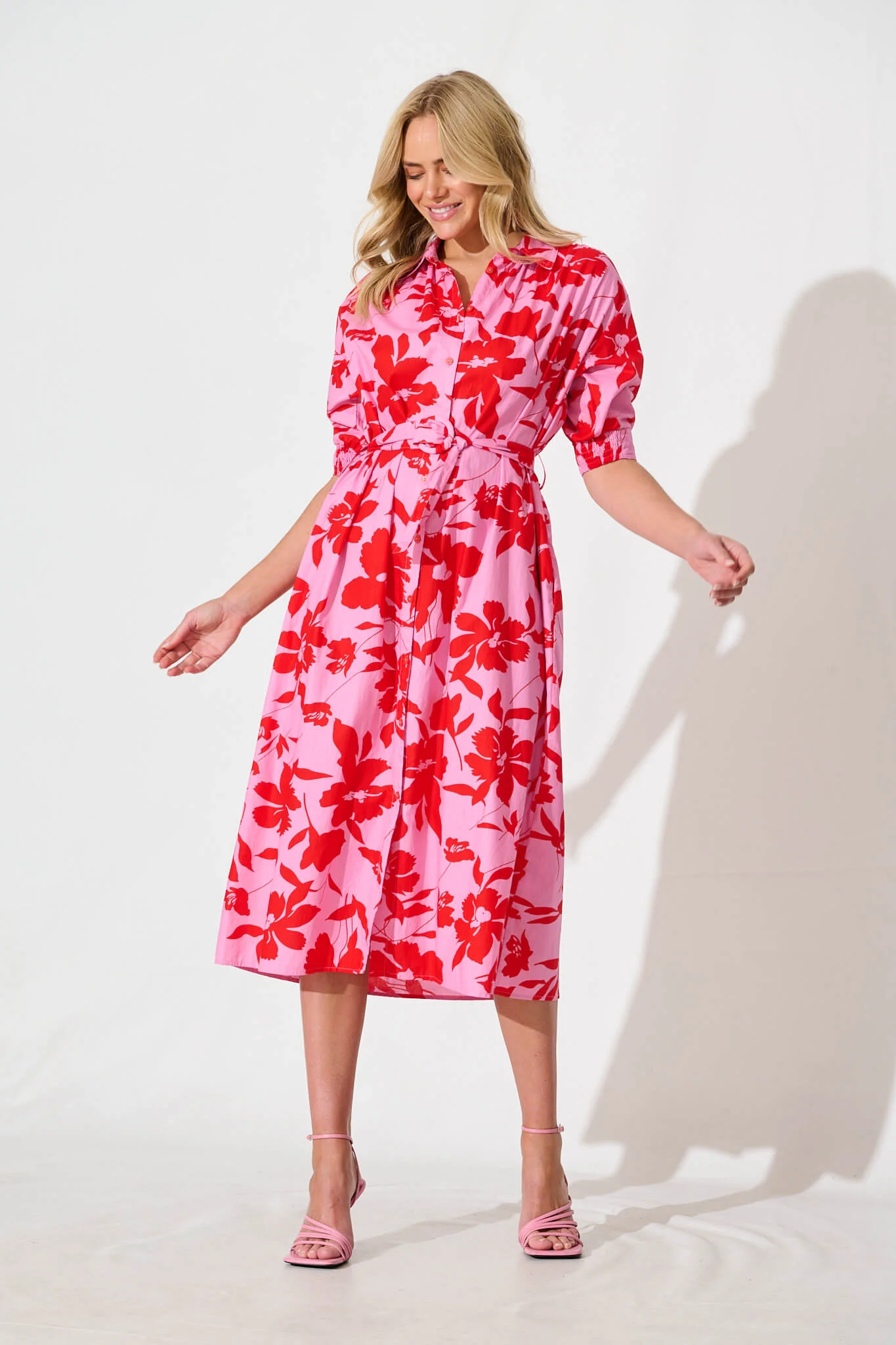 Scottdale Midi Shirt Dress in Pink with Red Floral Cotton - Image 2