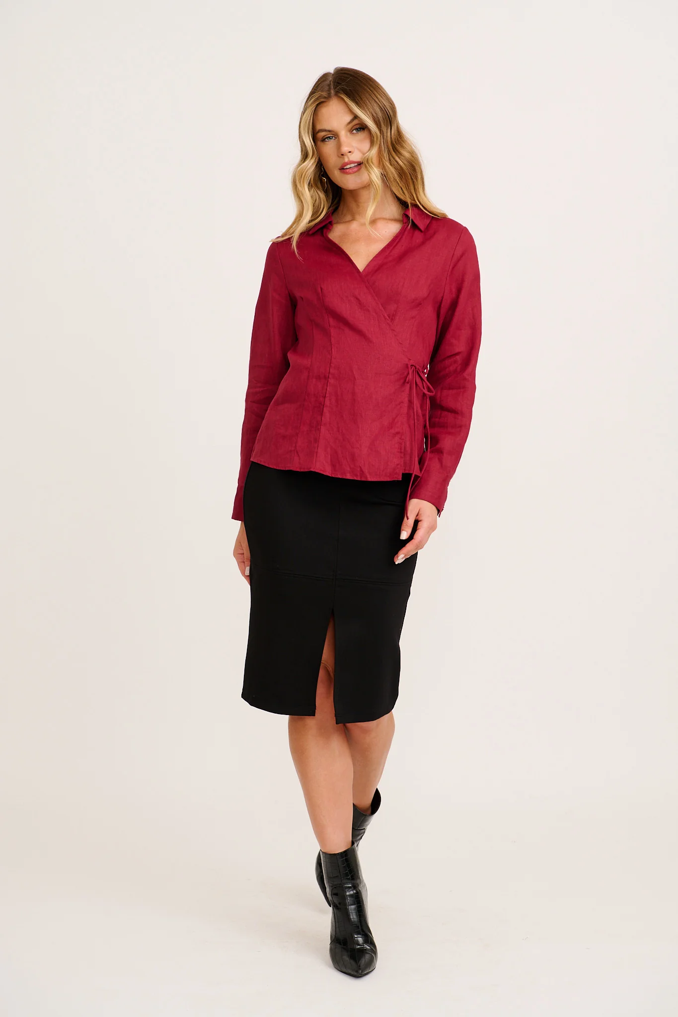 Sea Breeze Wrap Top in Wine Linen - Image 4