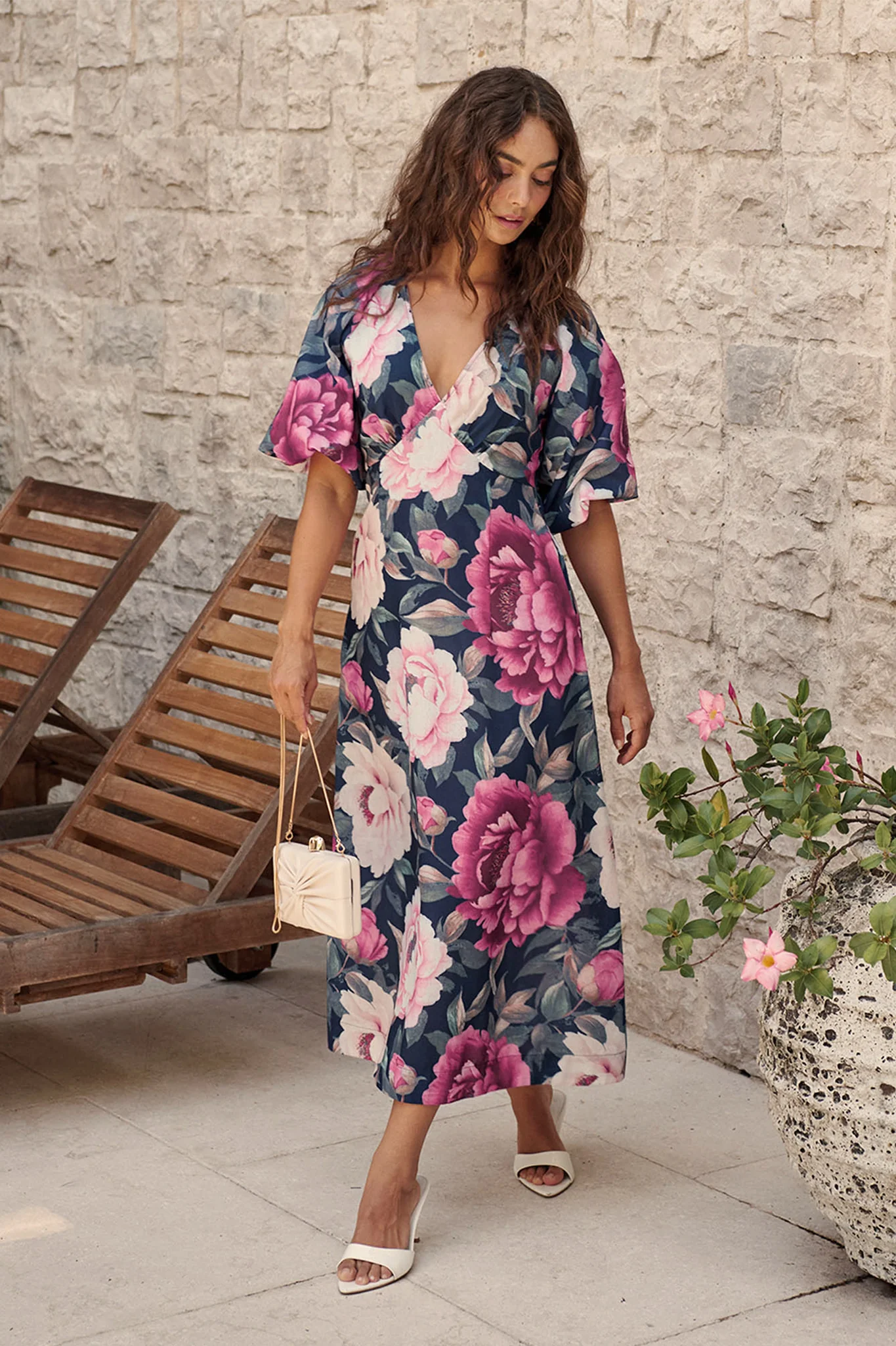 Secret Radiance Maxi Dress in Navy with Pink Floral Cotton Linen - Image 4
