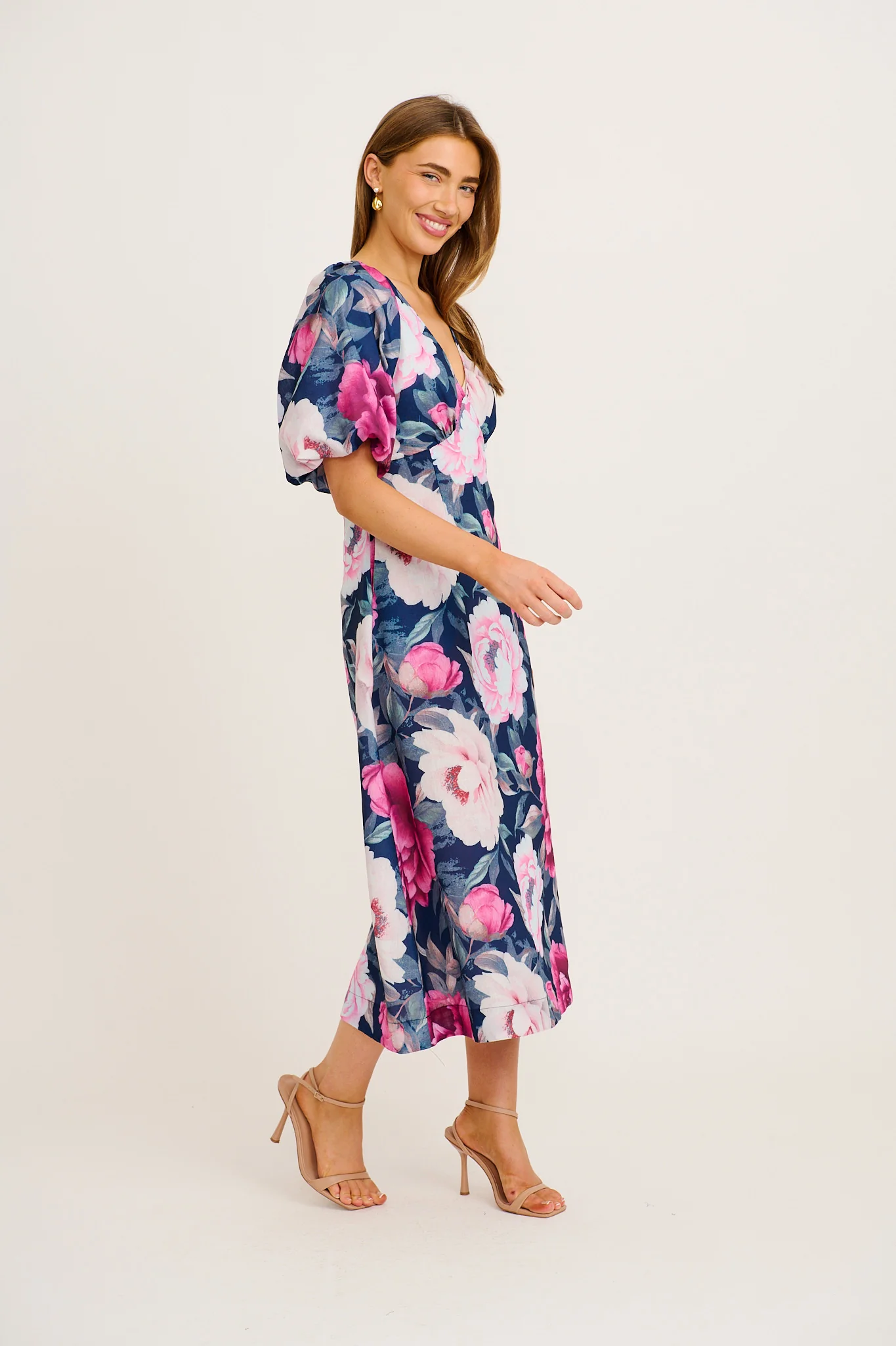 Secret Radiance Maxi Dress in Navy with Pink Floral Cotton Linen - Image 8