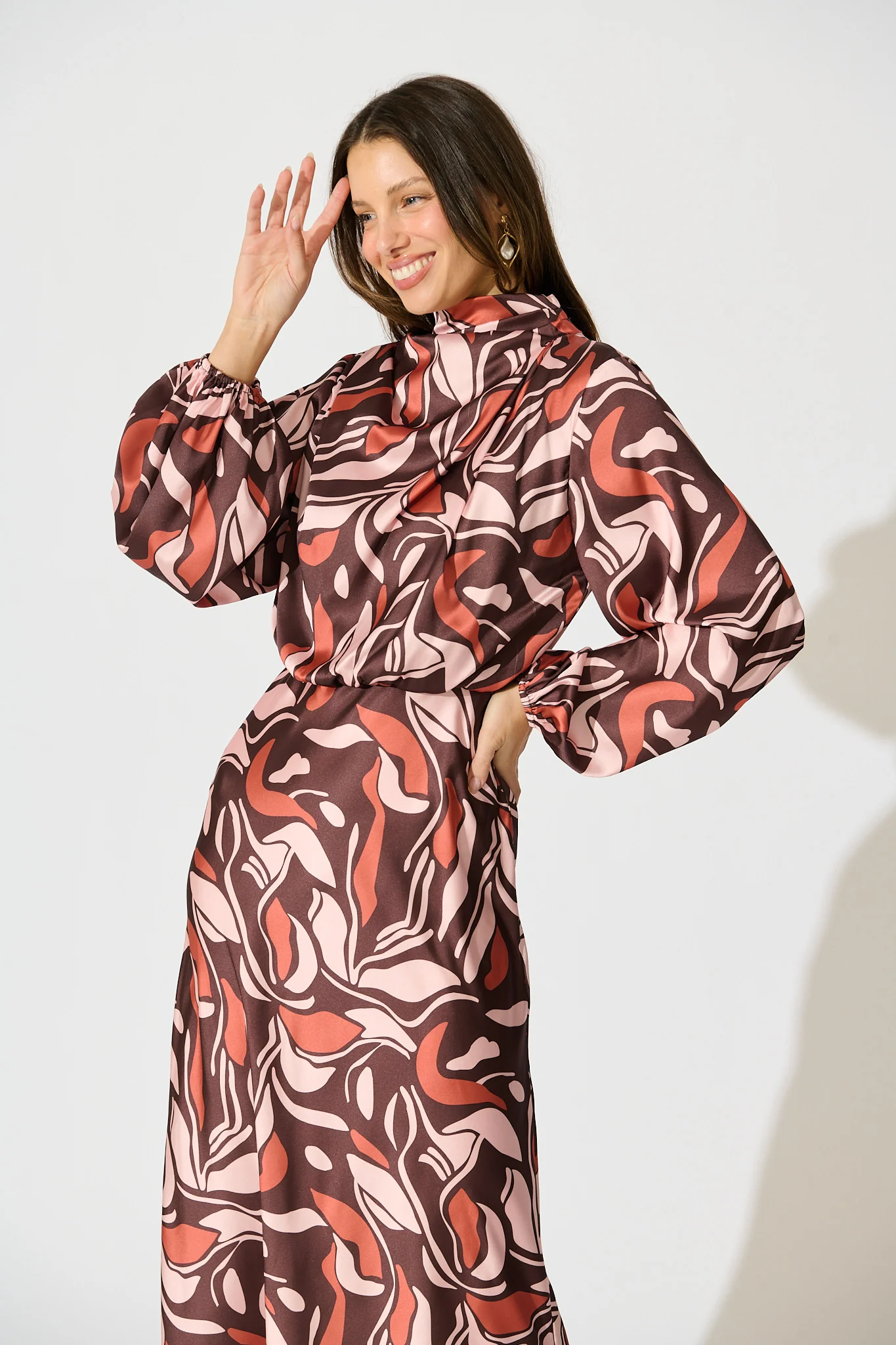Sepia Bloom Midi Dress in Multi Brown Print Satin - Image 2