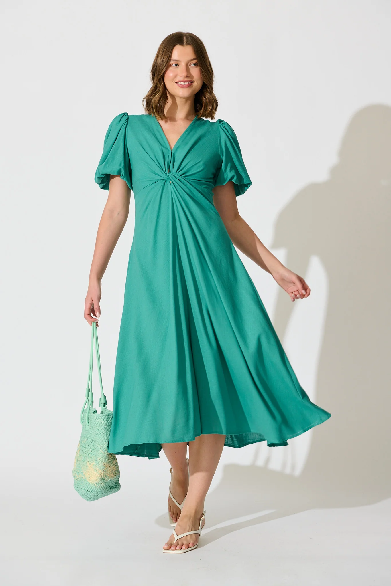 Seraphina Bloom Midi Dress in Jade Linen Blend - Image 3
