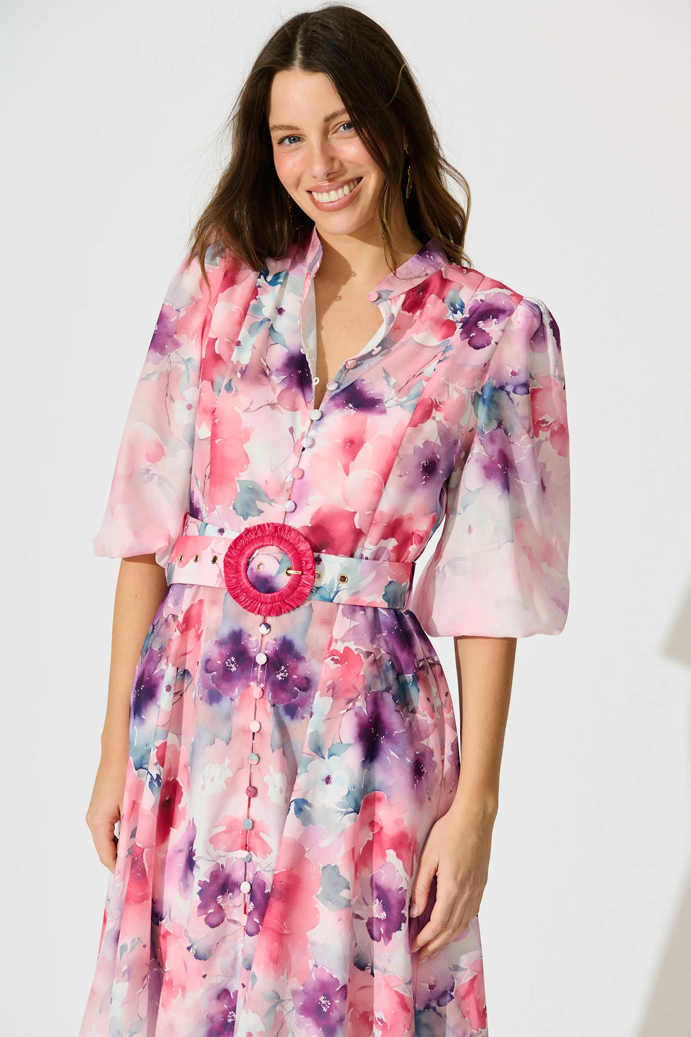 Serenade Bloom Midi Dress in Pink with Multi Floral Cotton Blend - Image 2
