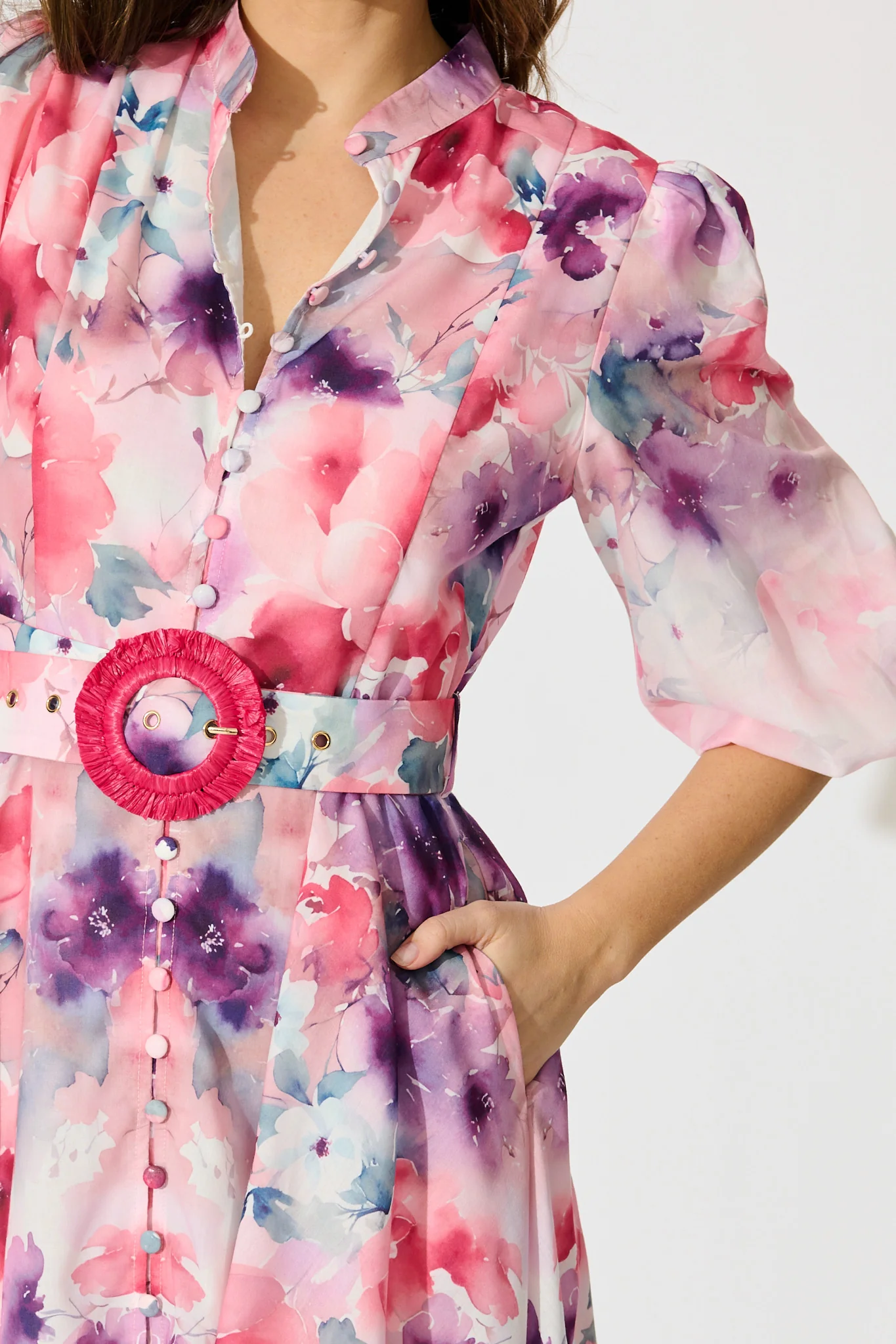 Serenade Bloom Midi Dress in Pink with Multi Floral Cotton Blend - Image 5