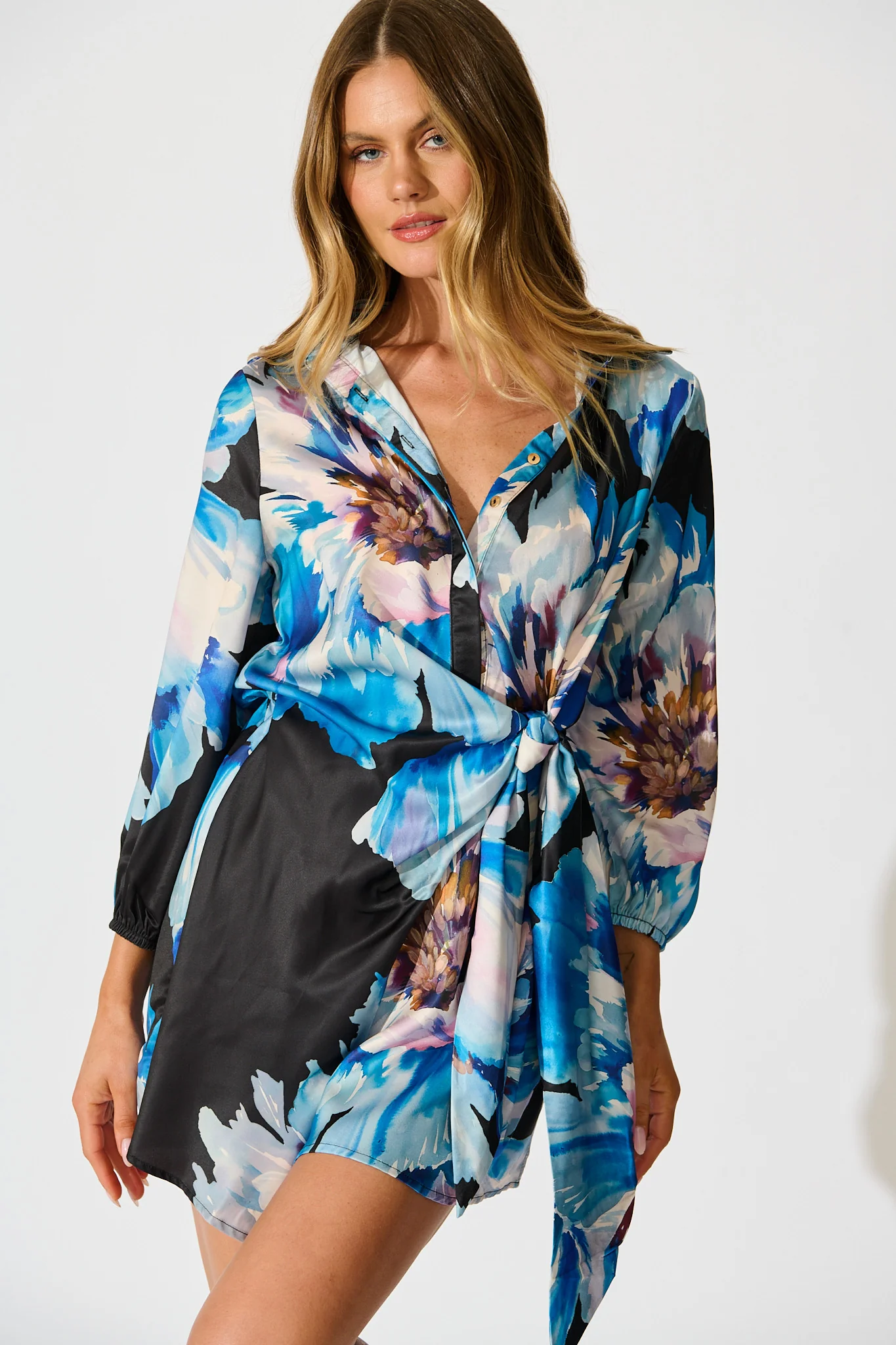 Shadowed Petal Dress in Black with Blue Floral Satin - Image 2