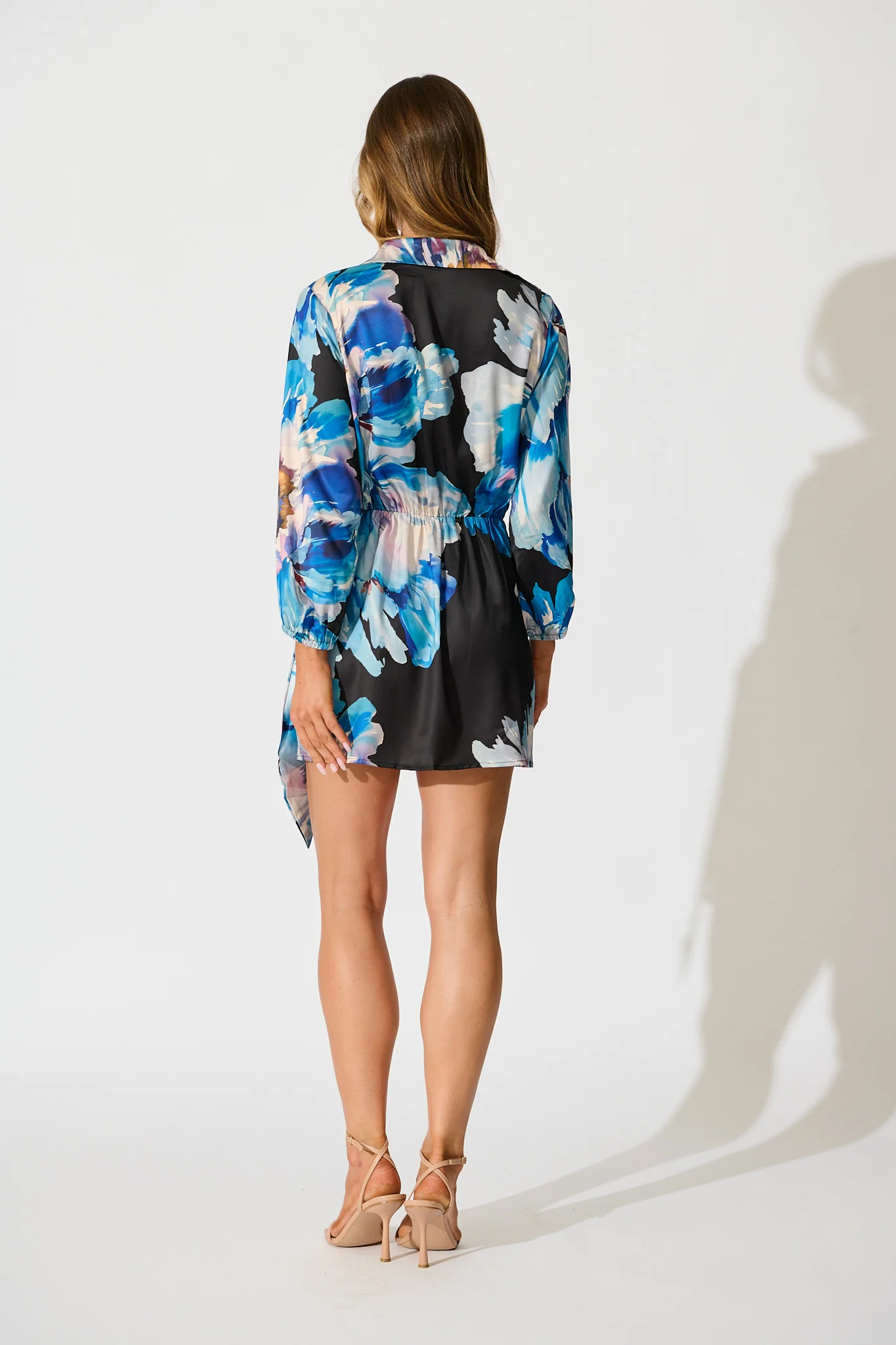 Shadowed Petal Dress in Black with Blue Floral Satin - Image 4