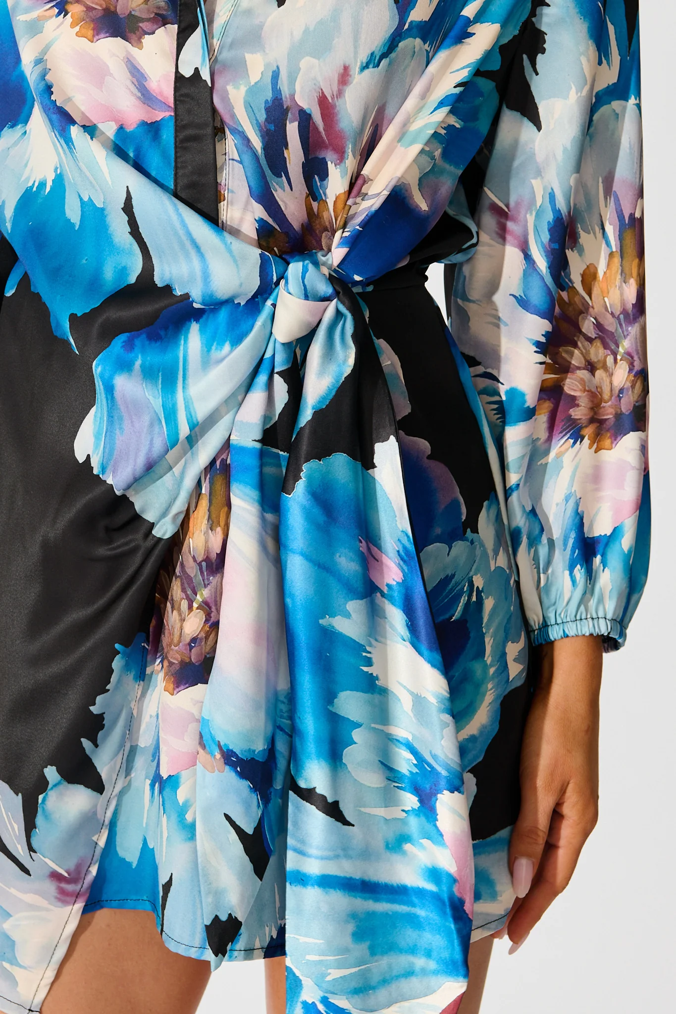 Shadowed Petal Dress in Black with Blue Floral Satin - Image 5