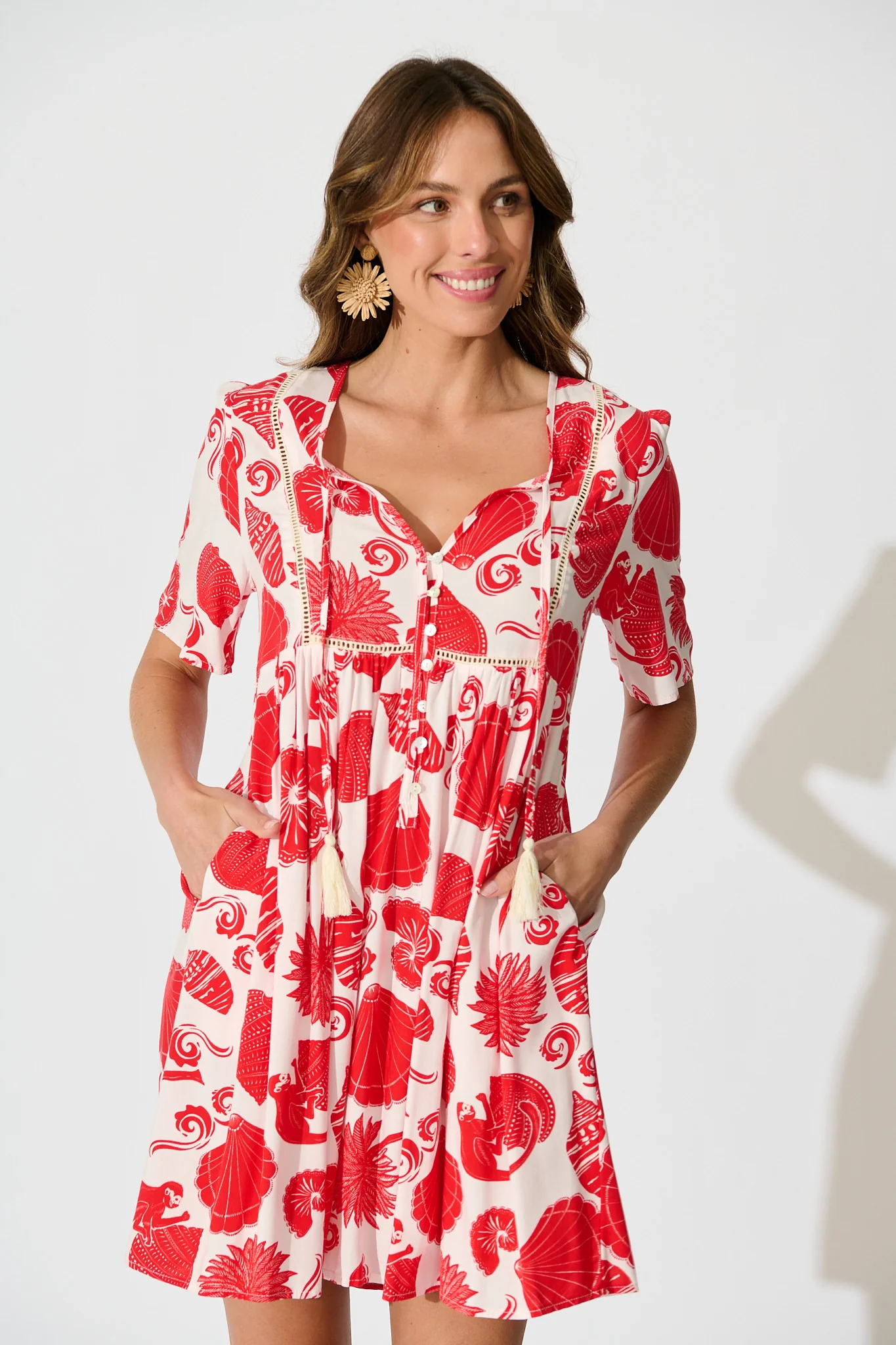 Shake It Out Smock Dress in Off White with Red Shell Print - Image 2
