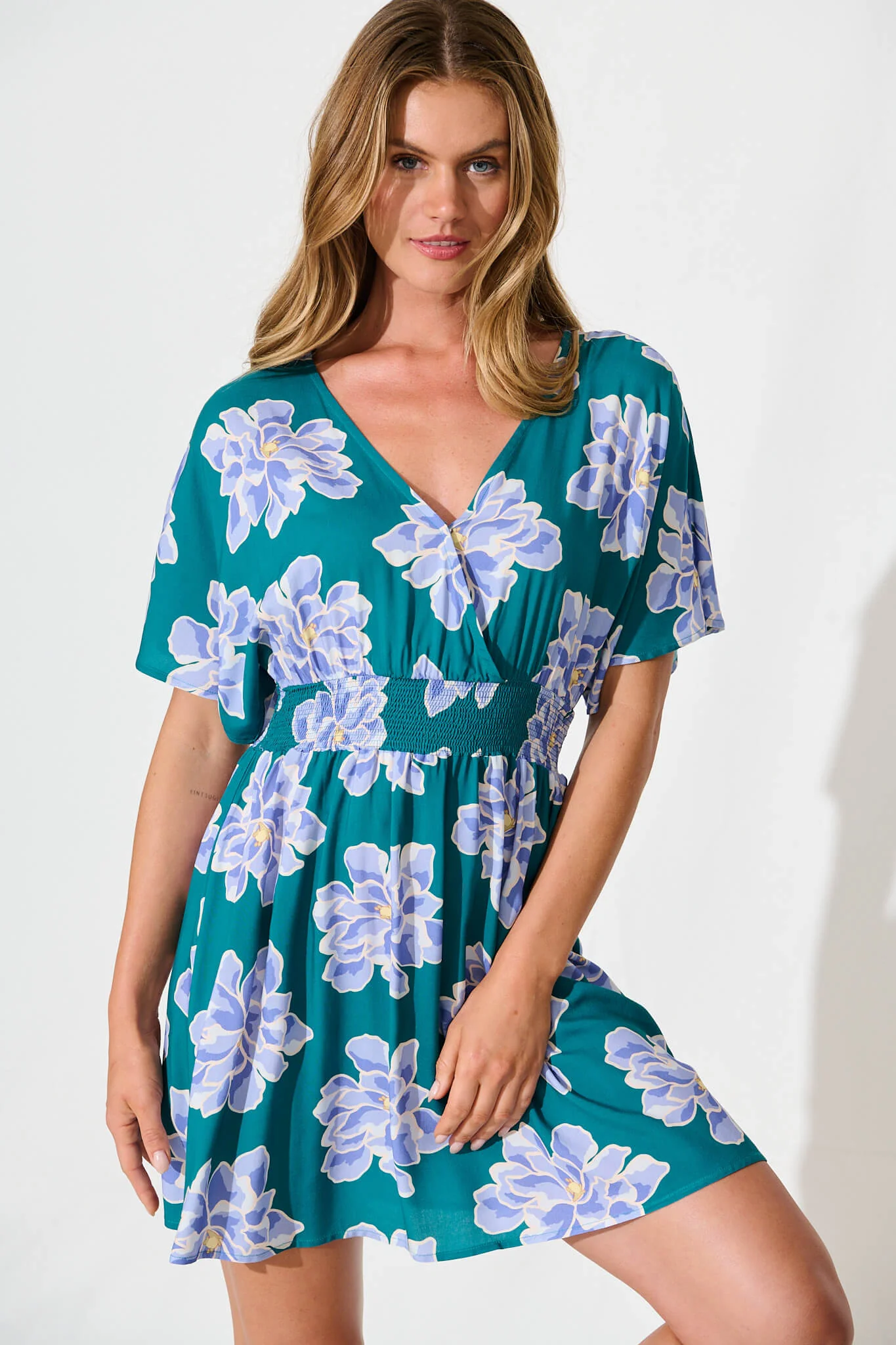 Sharlin Dress In Emerald With Blue Floral - Image 2