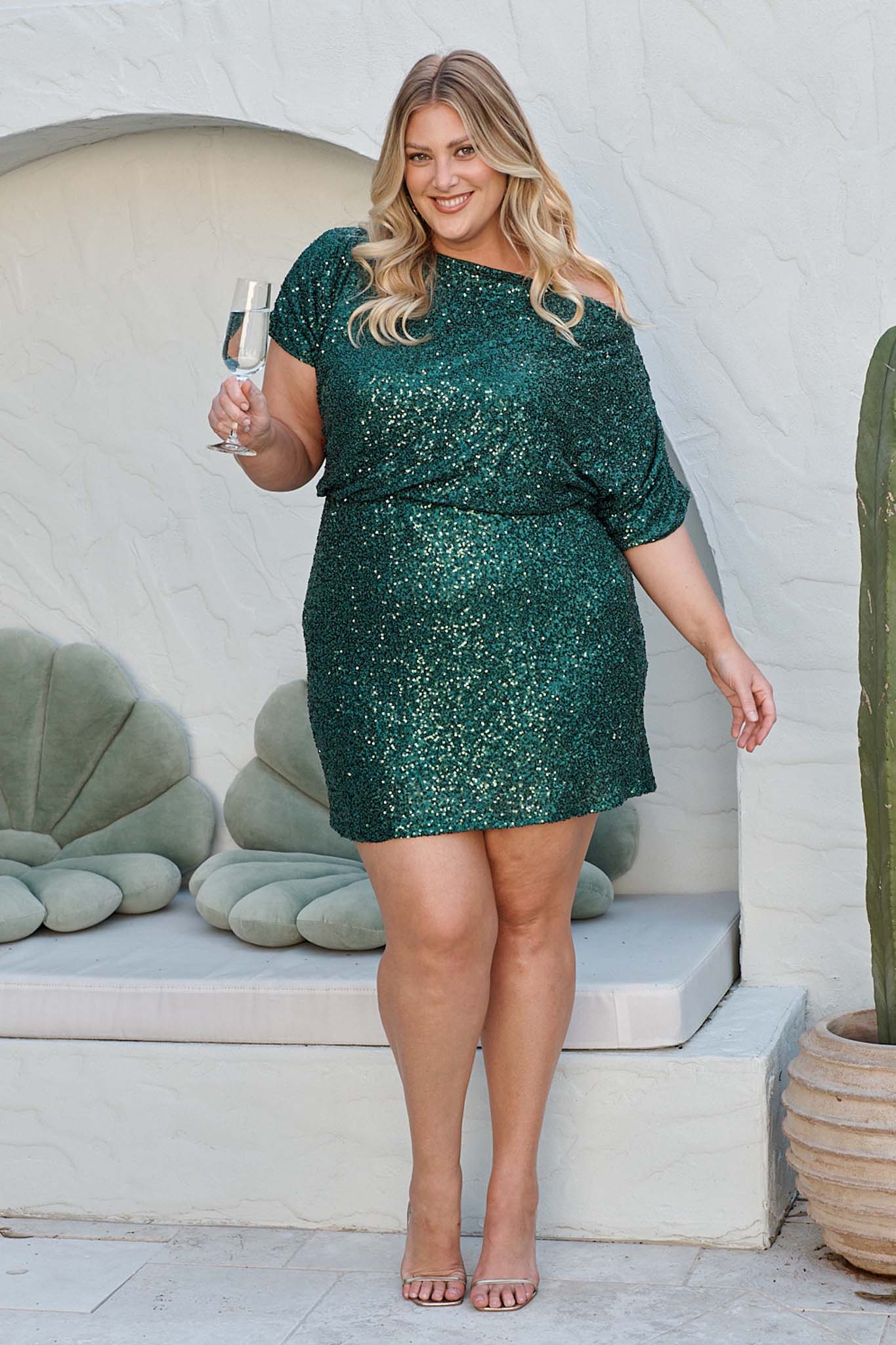 Shayla Off Shoulder Dress in Emerald Sequin - Image 2