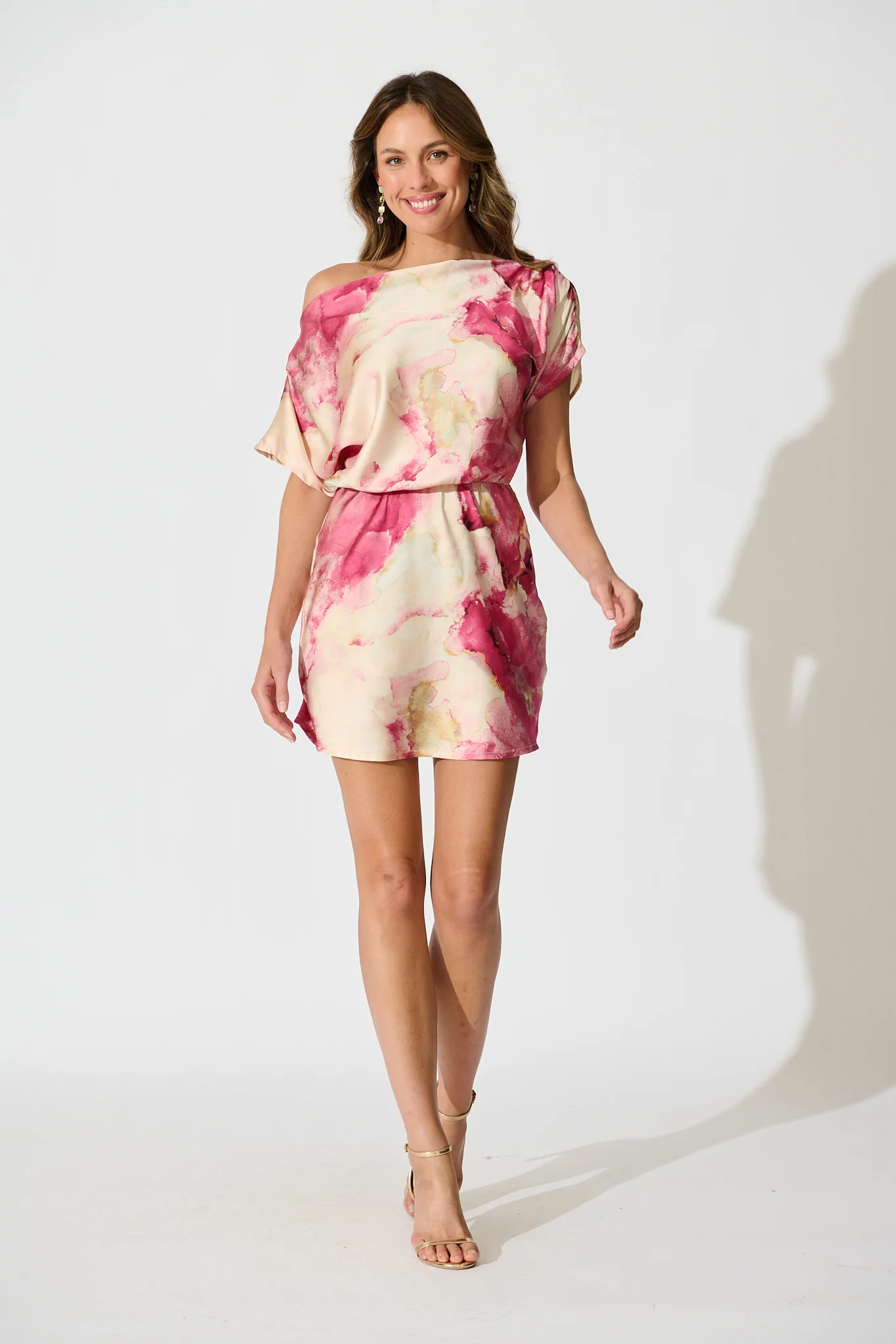 Shayla Off Shoulder Dress in Magenta Watercolour Satin