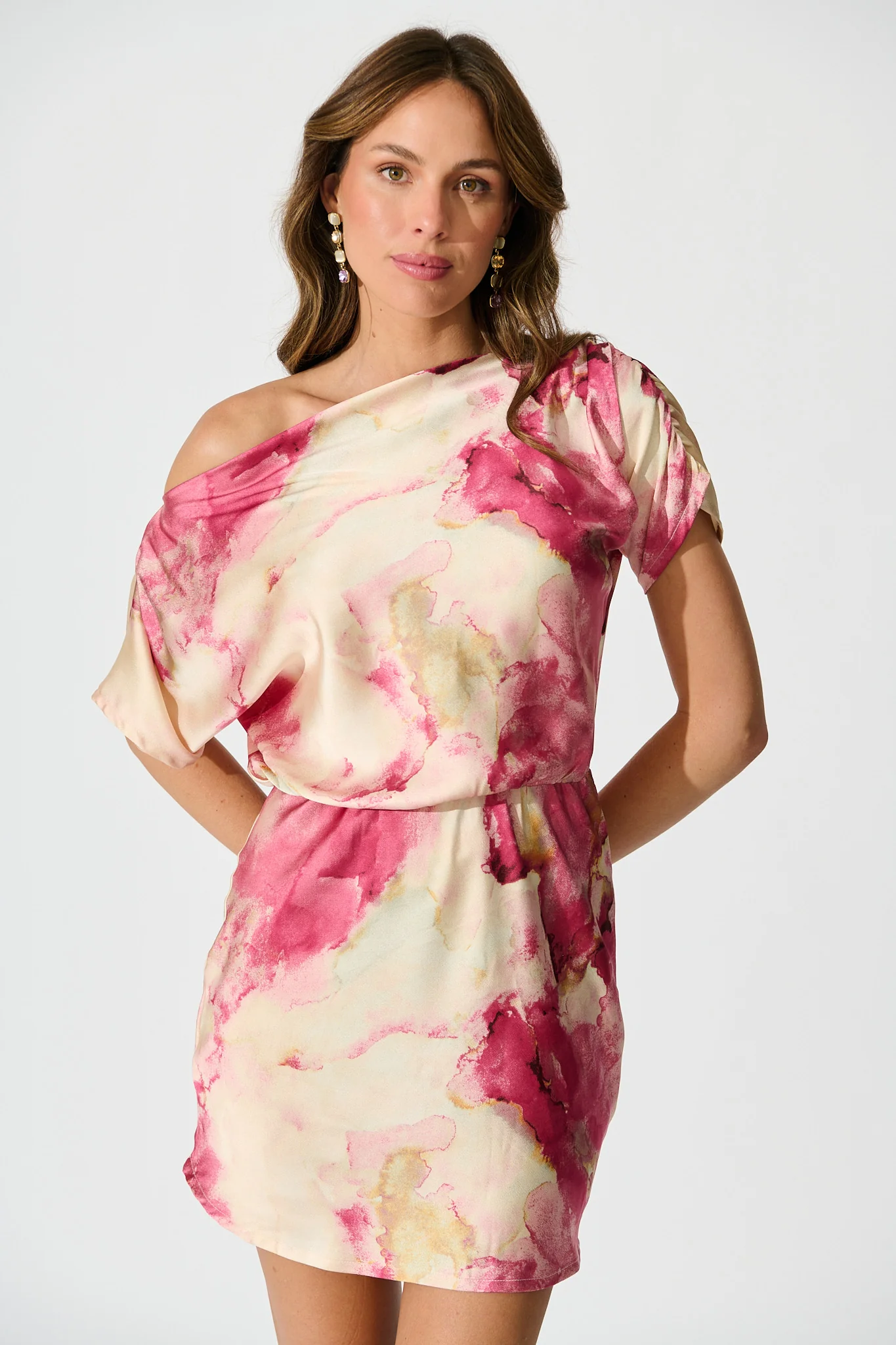 Shayla Off Shoulder Dress in Magenta Watercolour Satin - Image 2
