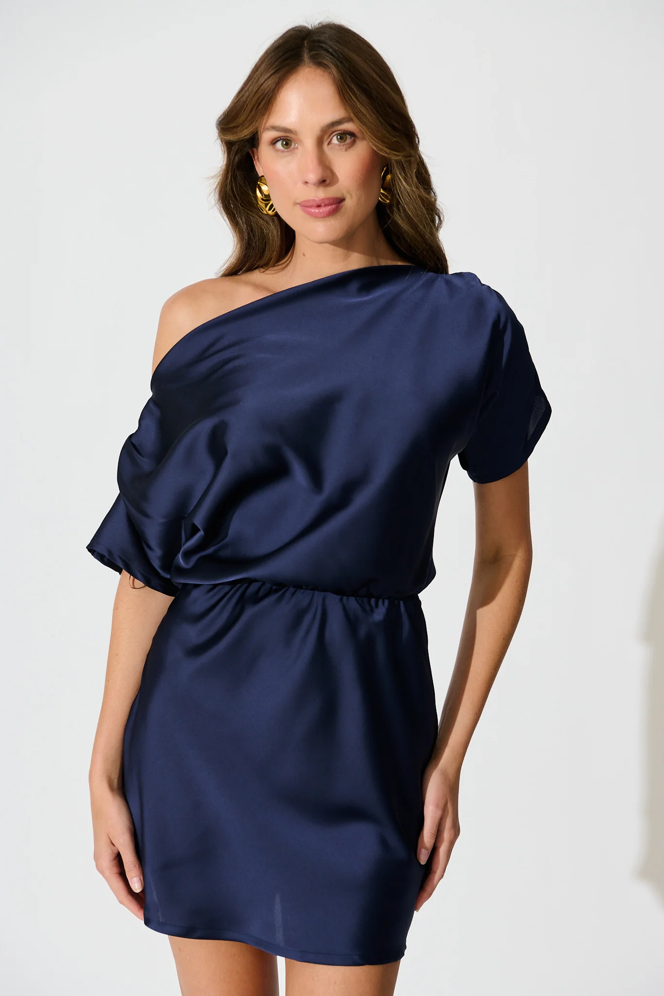 Shayla Off Shoulder Dress in Navy Satin - Image 2