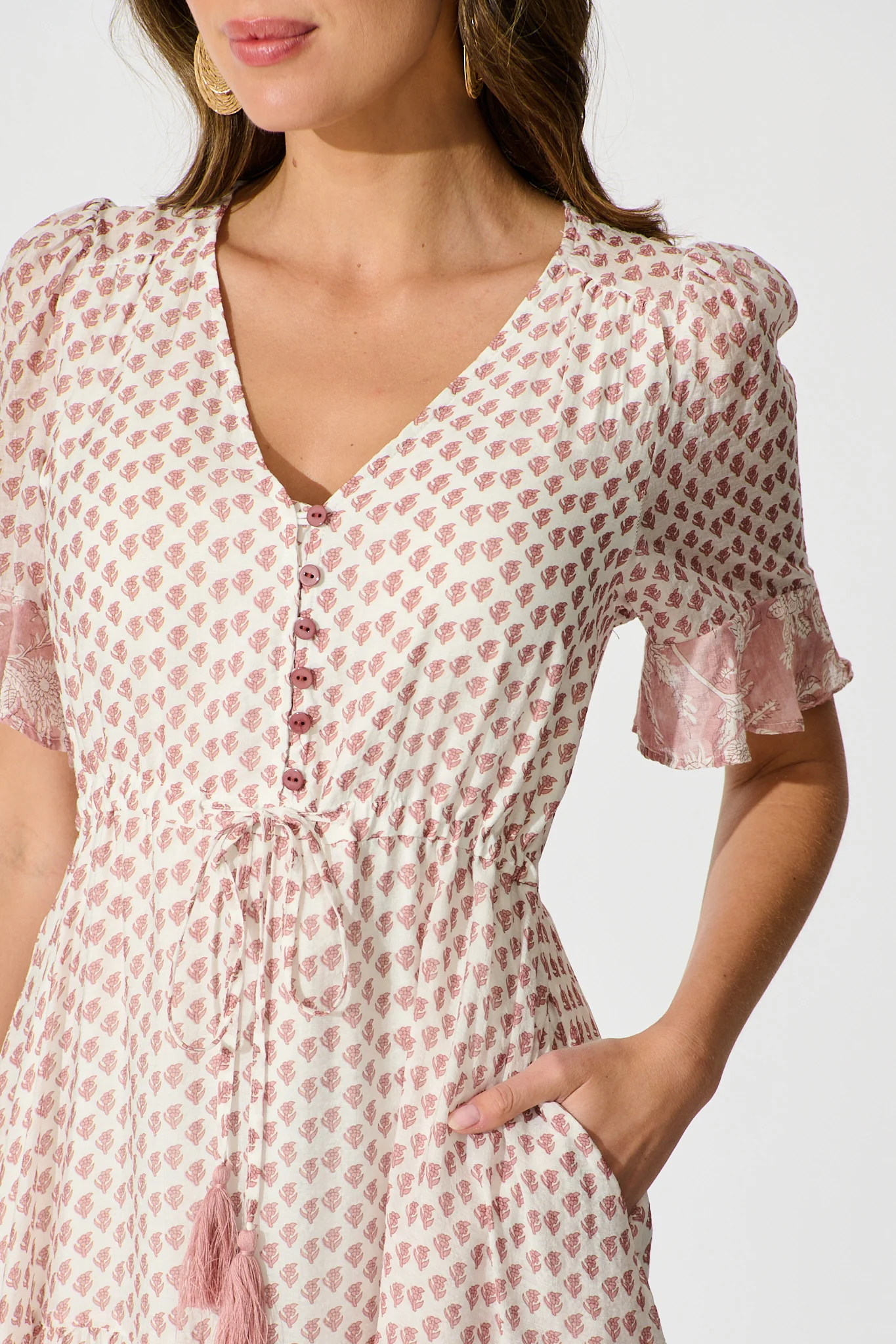 Sheer Allure Midi Dress in White with Blush Print - Image 5
