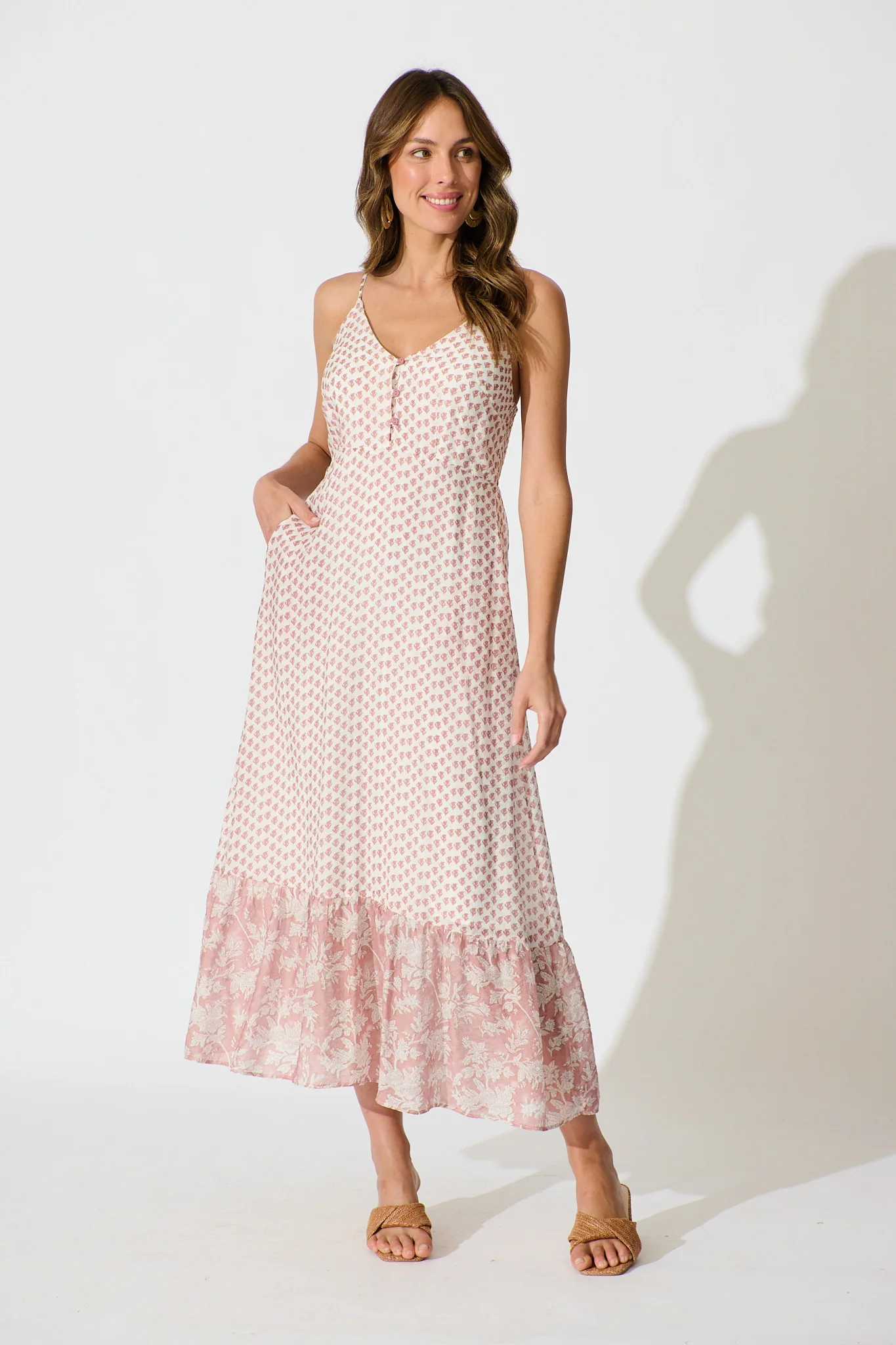 Sheer Elegance Maxi Sundress in White with Blush Print