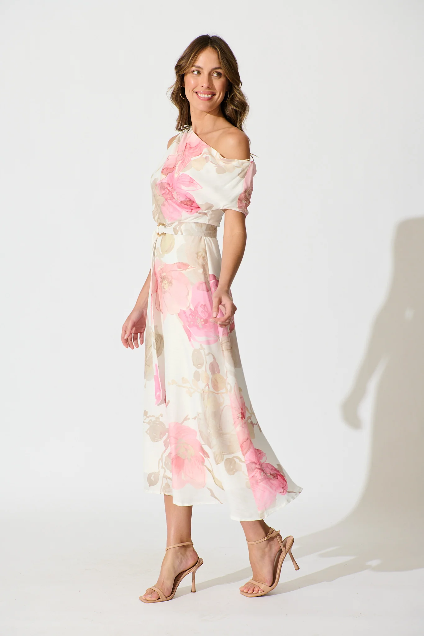 Shelbi Maxi Off Shoulder Dress in White with Pink Floral - Image 6