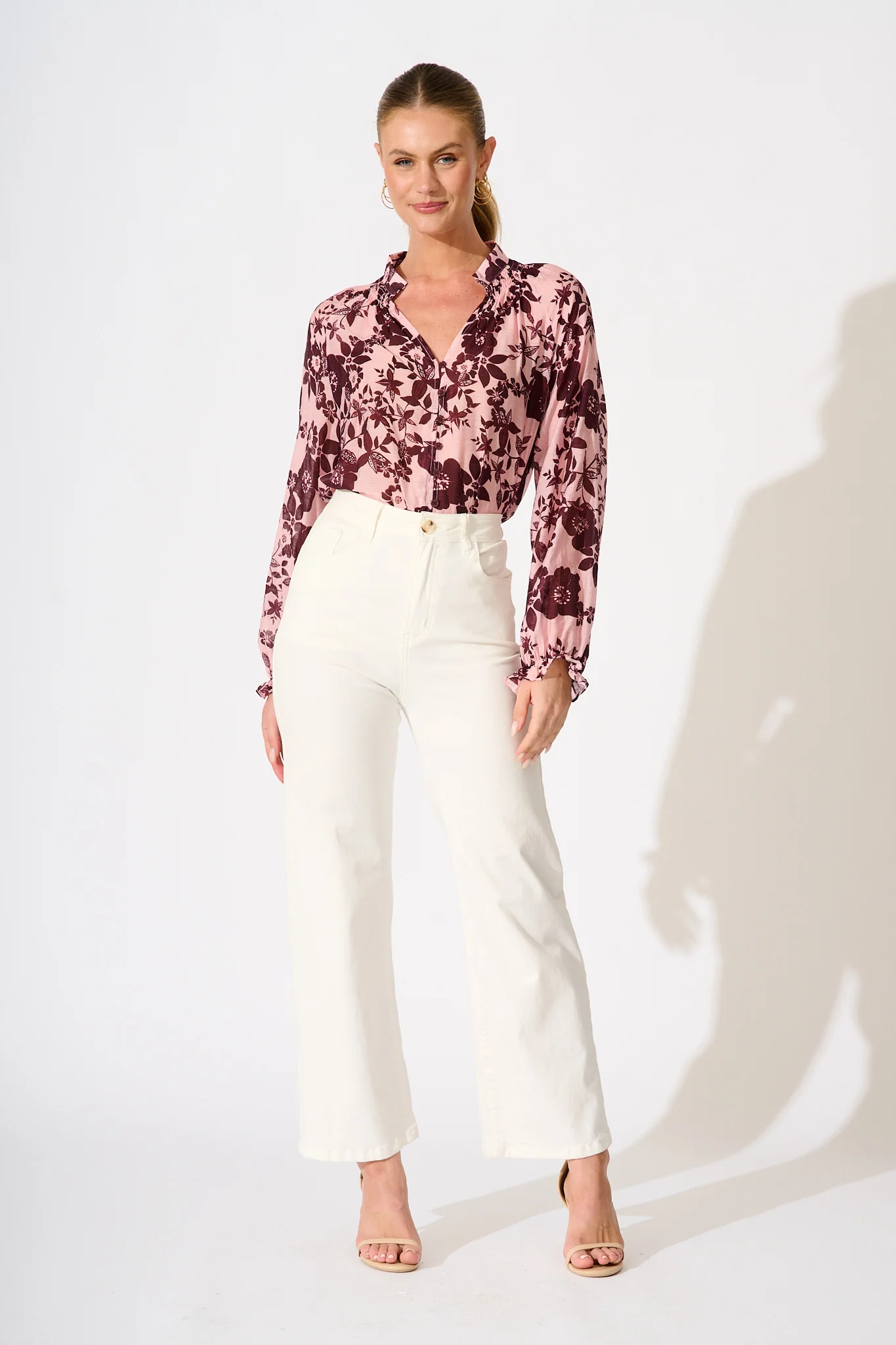 Shelby Top in Pink with Wine Floral Print - Image 4