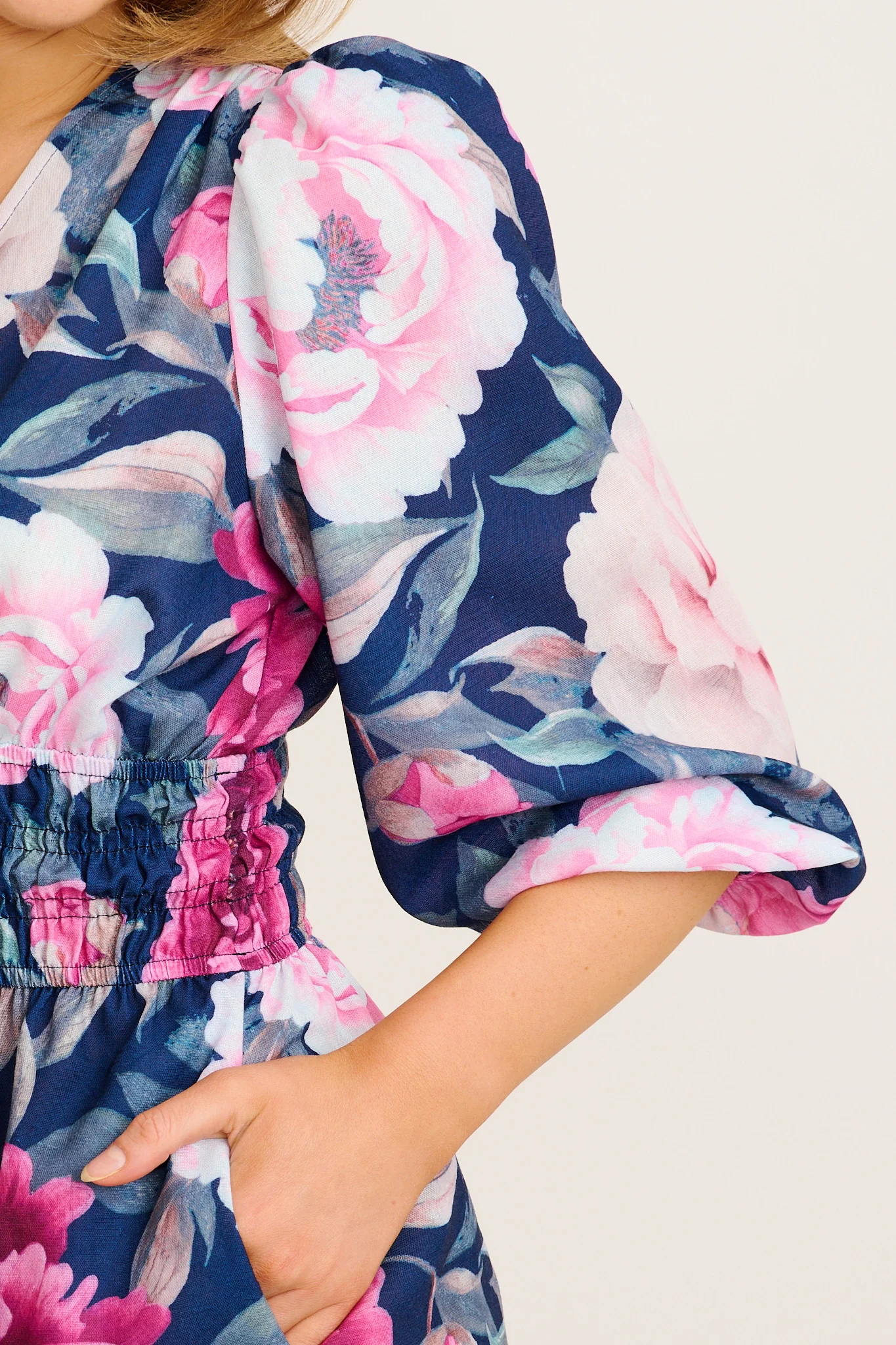 Shimmer Dress in Navy with Pink Floral Linen Blend - Image 10