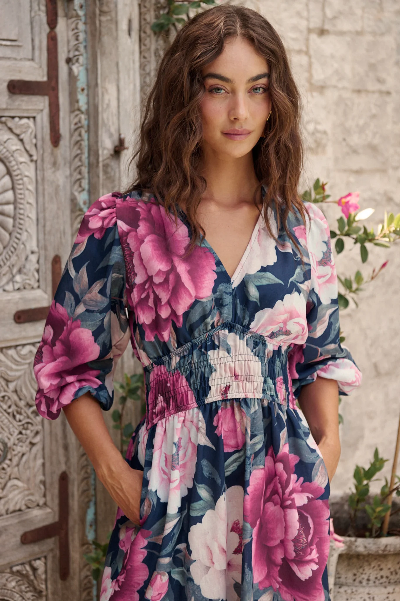 Shimmer Dress in Navy with Pink Floral Linen Blend - Image 4