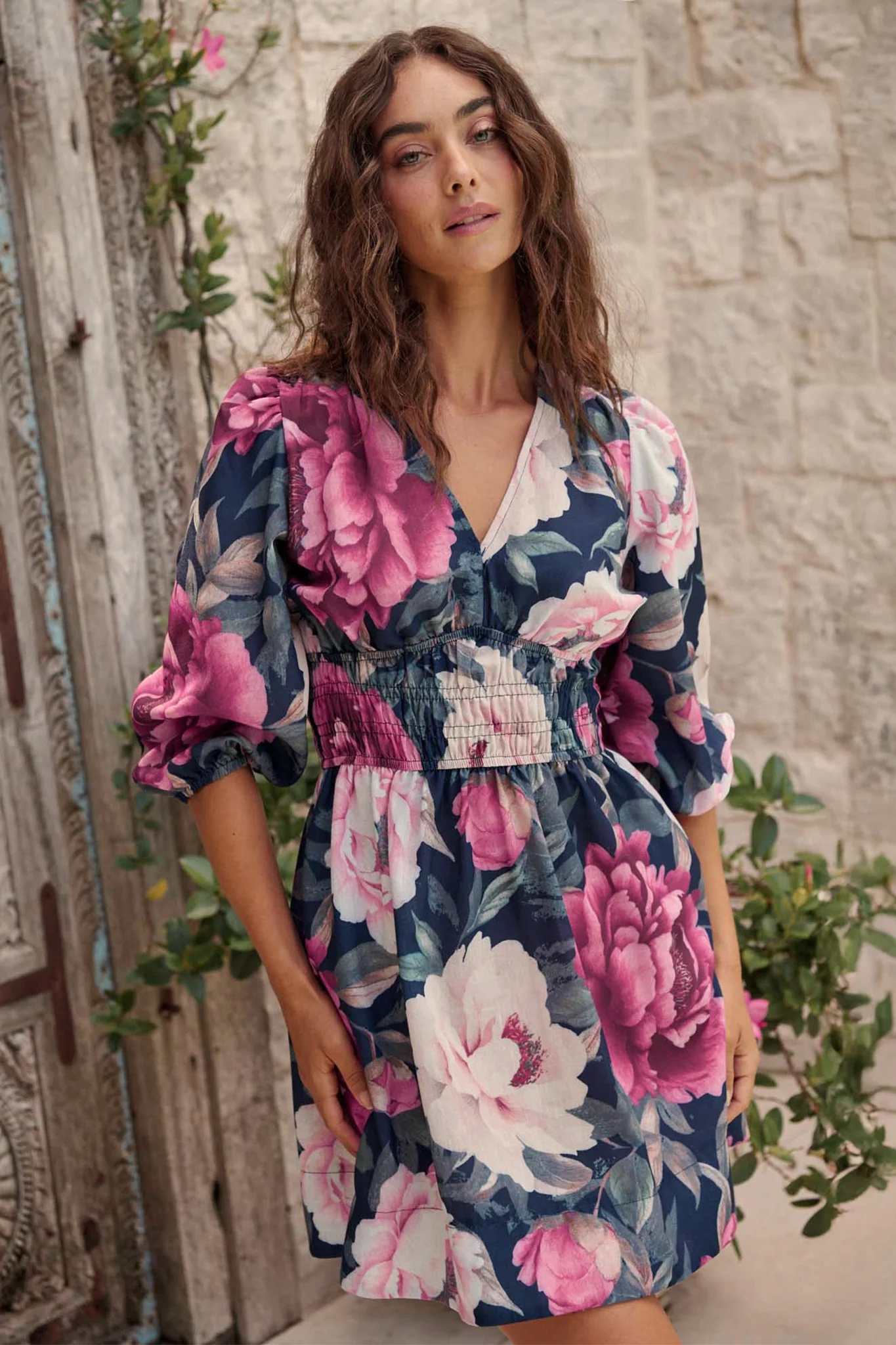 Shimmer Dress in Navy with Pink Floral Linen Blend - Image 6