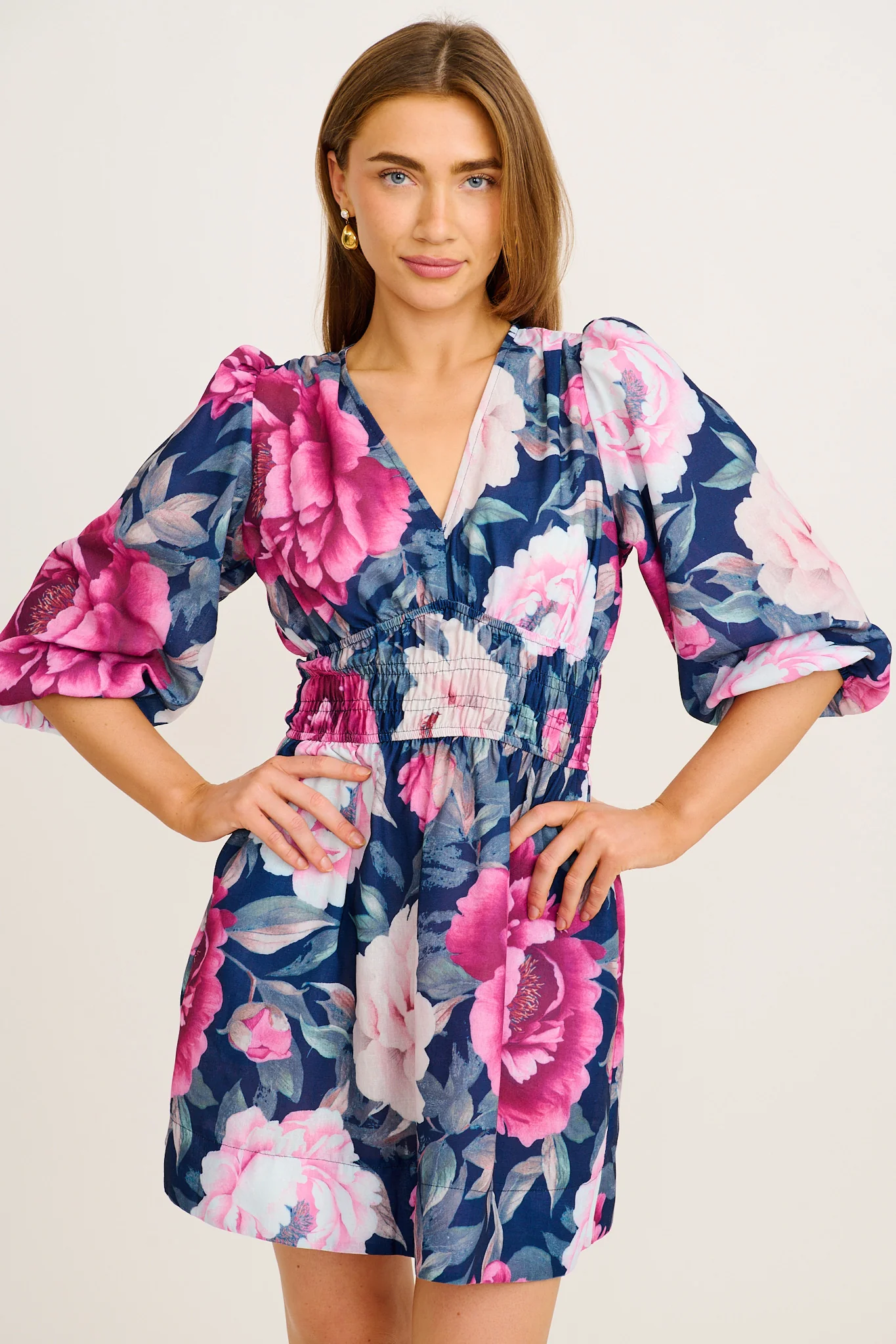 Shimmer Dress in Navy with Pink Floral Linen Blend - Image 7