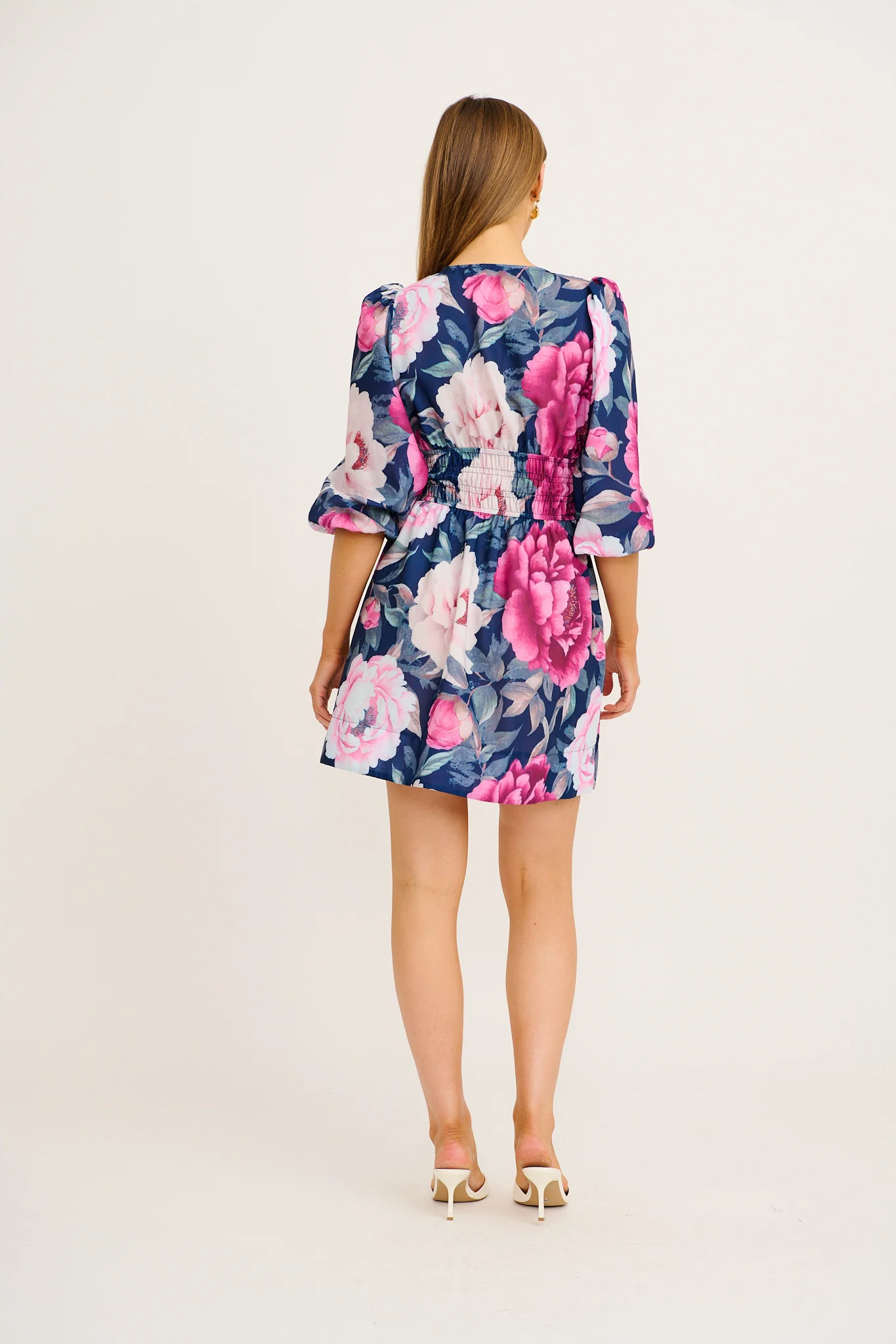 Shimmer Dress in Navy with Pink Floral Linen Blend - Image 9