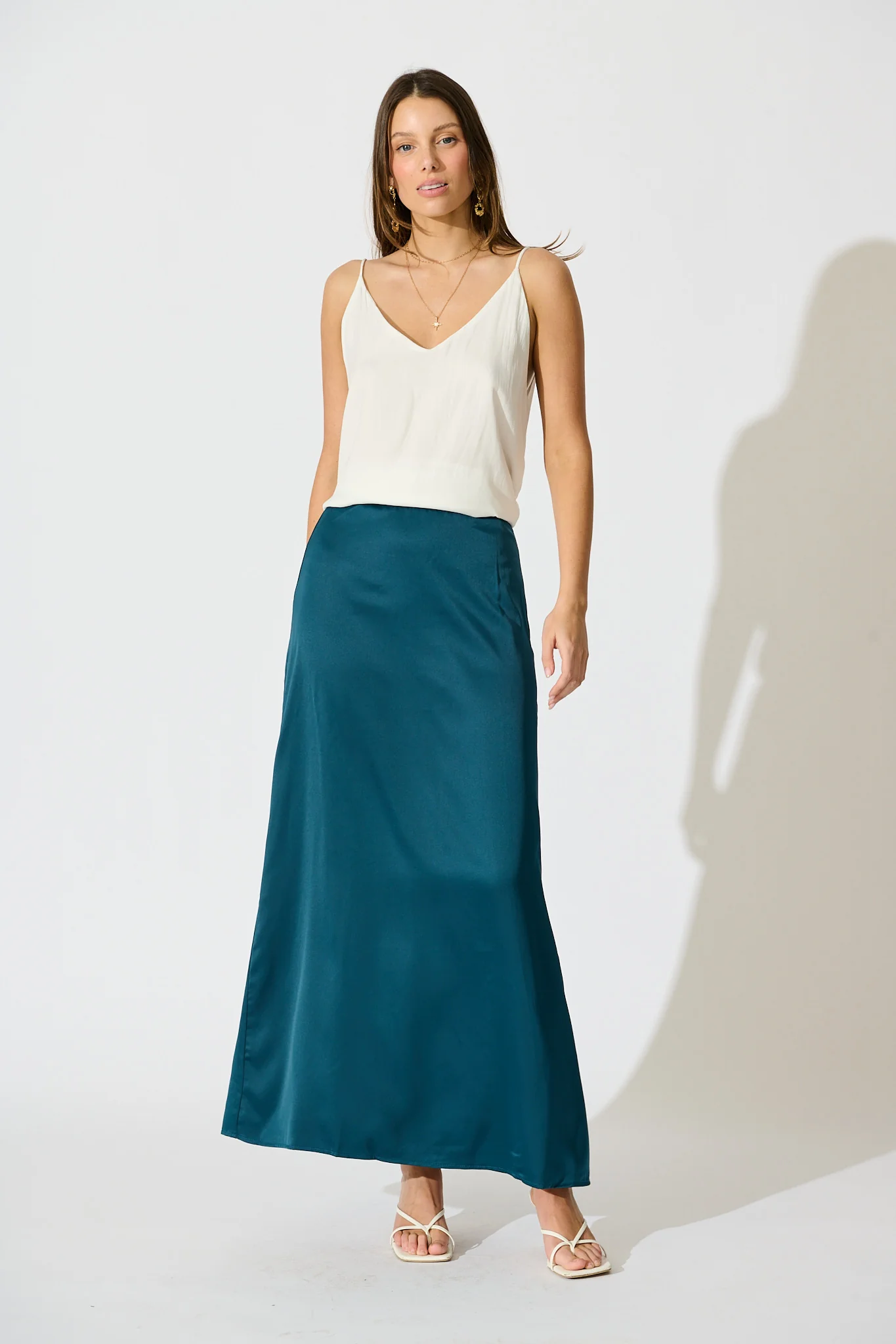 Shine Supreme Maxi Skirt in Teal Satin - Image 4