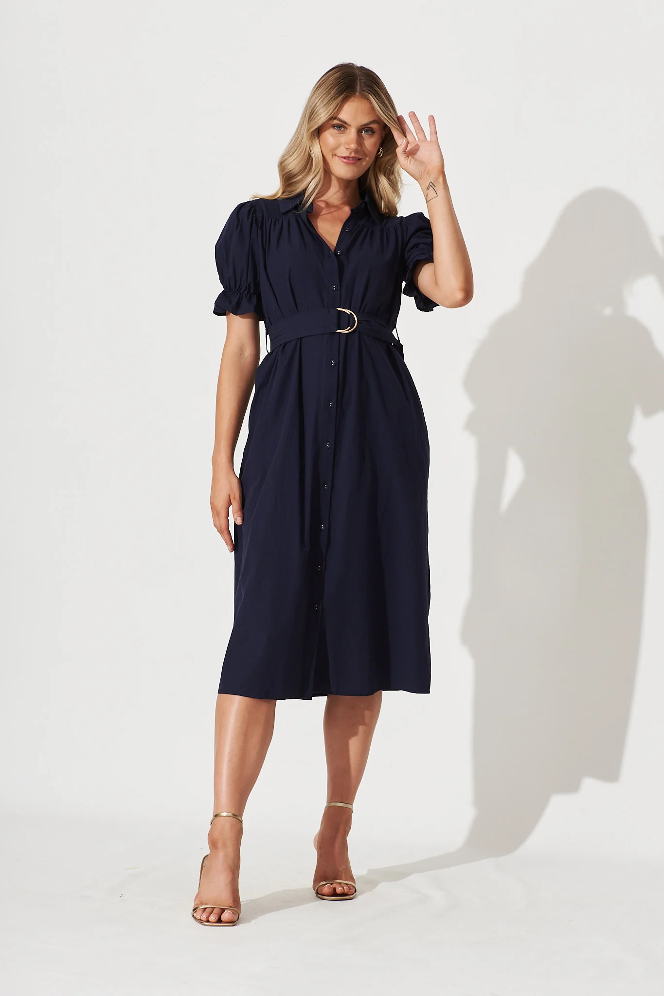 Sicilly Midi Shirt Dress In Navy Cotton