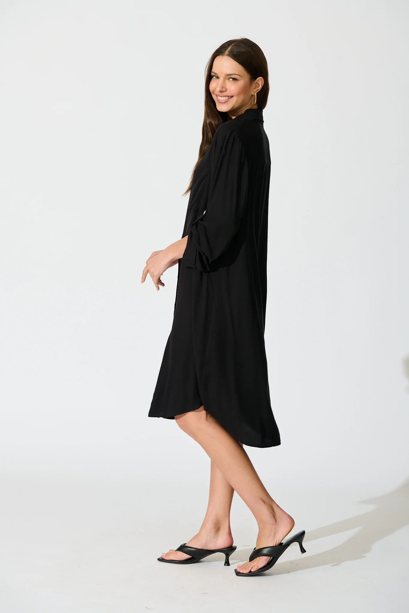Silvena Midi Shirt Dress in Black - Image 3