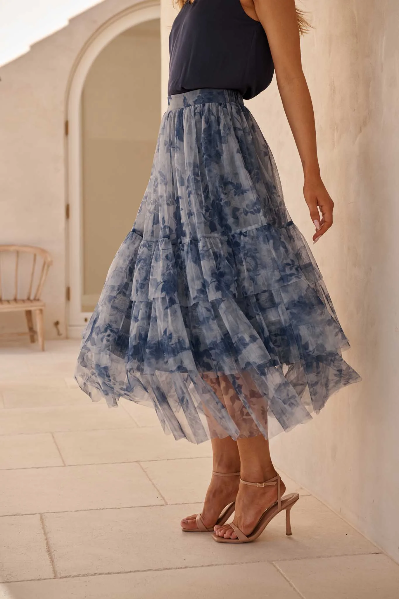 Sky Bloom Midi Skirt in Blue with Navy Floral Tulle - Image 2