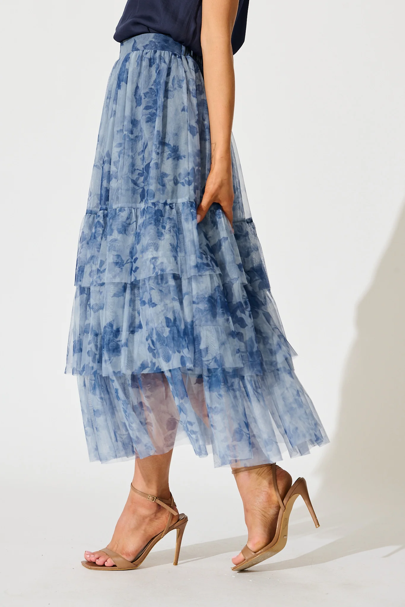 Sky Bloom Midi Skirt in Blue with Navy Floral Tulle - Image 5