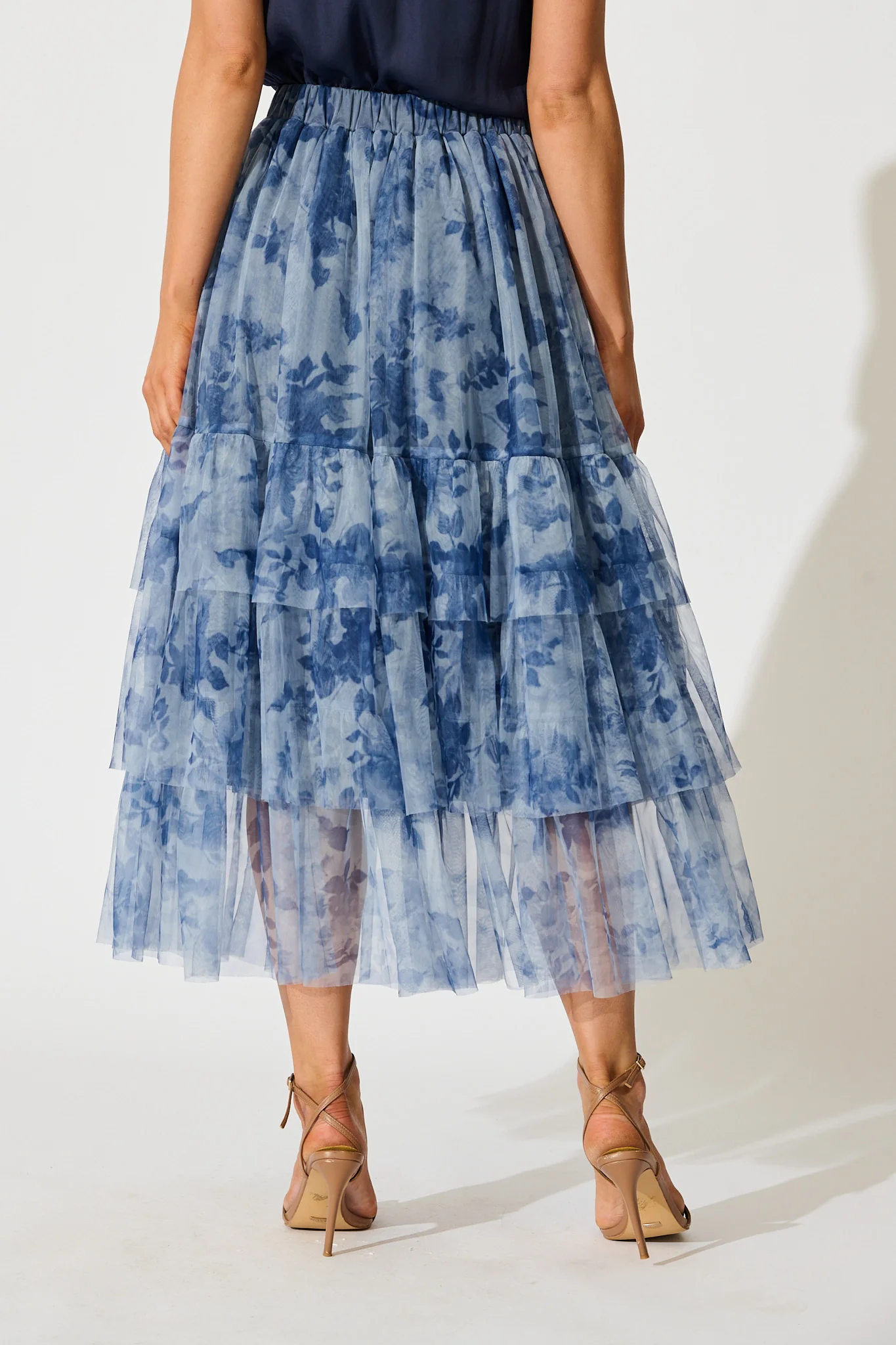 Sky Bloom Midi Skirt in Blue with Navy Floral Tulle - Image 6