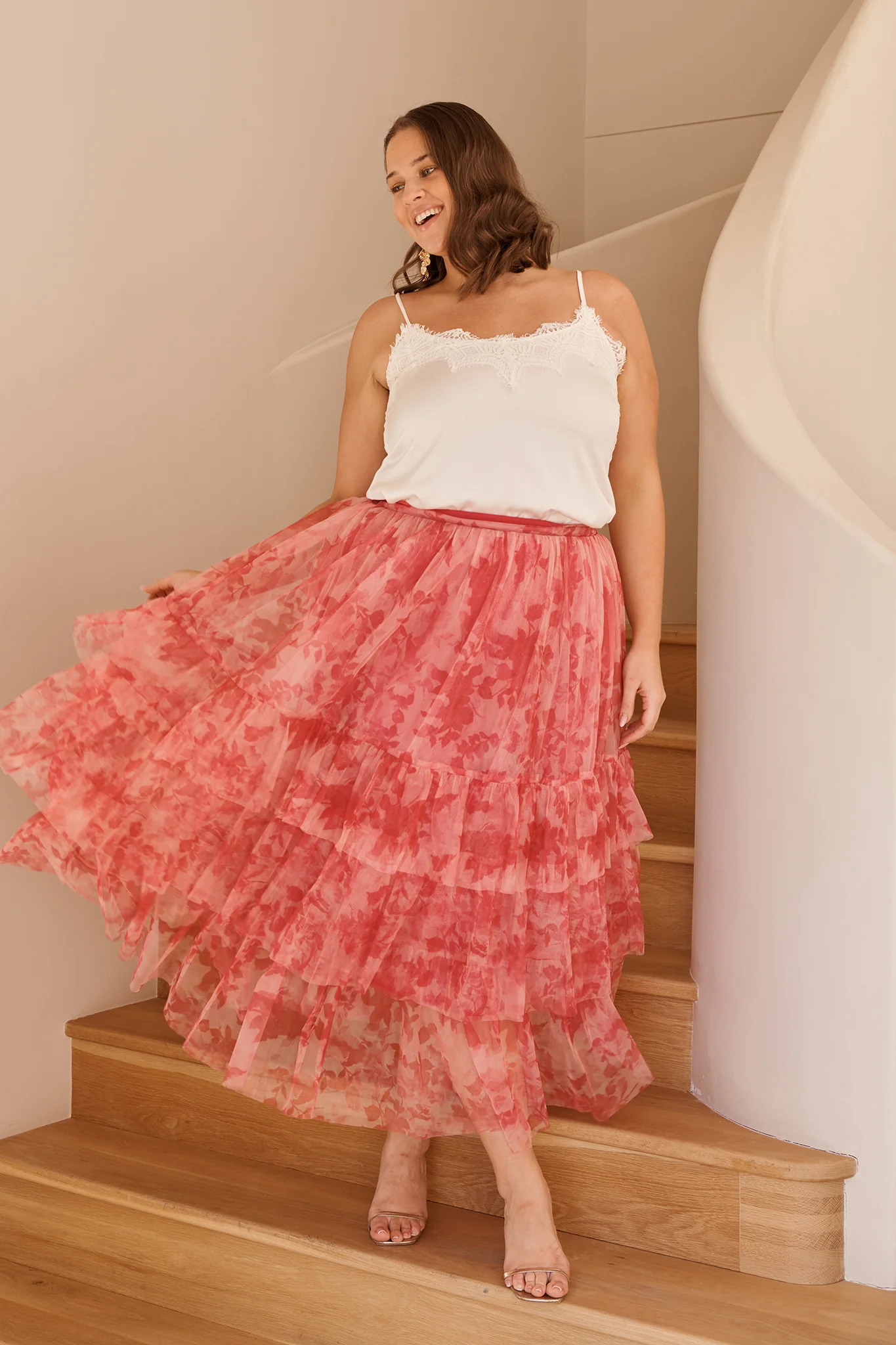 Sky Bloom Midi Skirt in Pink Floral Tulle - Image 2
