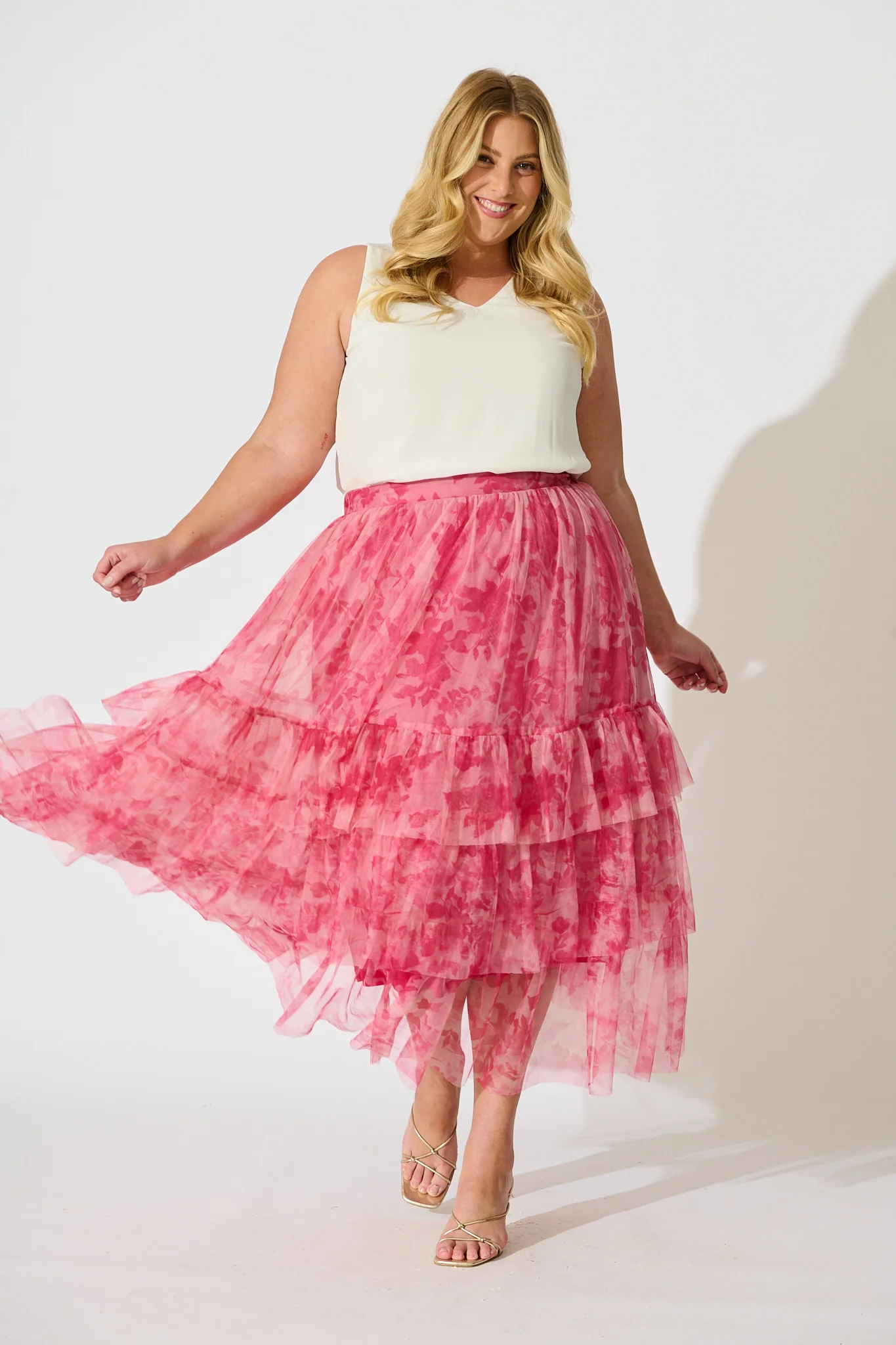 Sky Bloom Midi Skirt in Pink Floral Tulle - Image 7