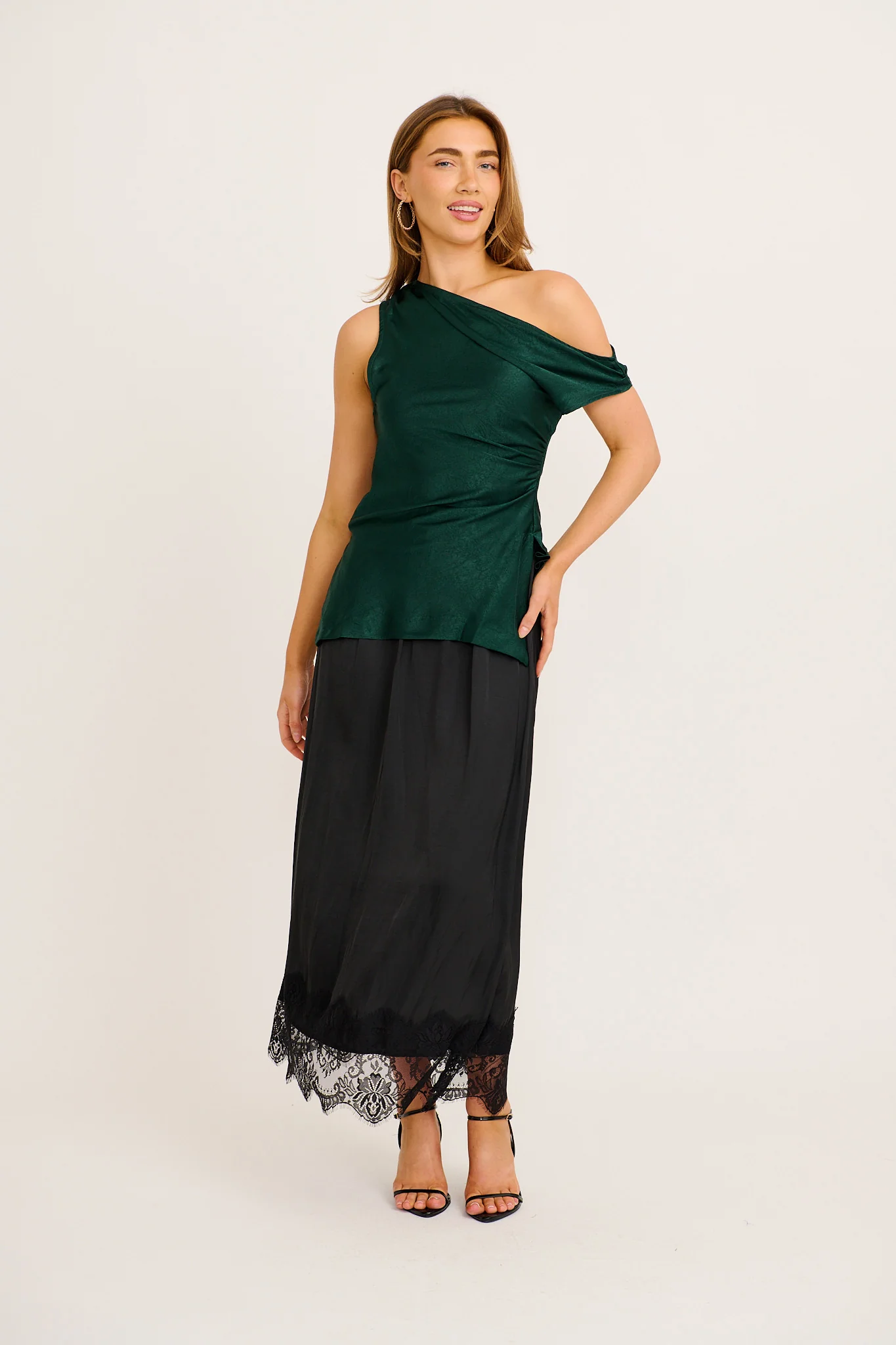 Sleek Off Shoulder Top in Emerald Satin - Image 4